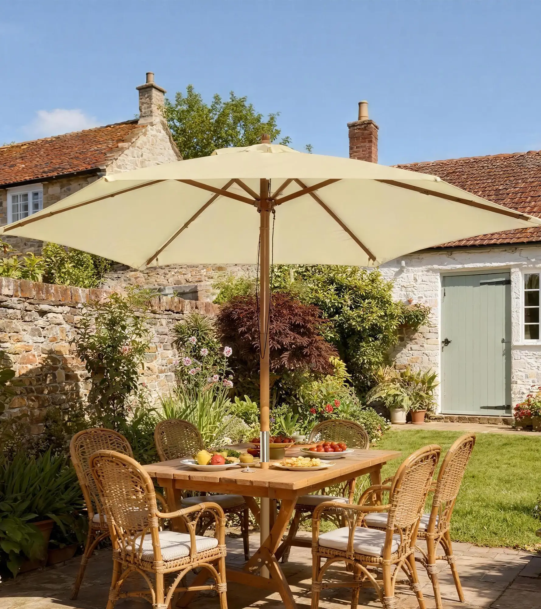 8FT Wood Market Umbrella, Round Garden Parasol, Bamboo Ribs, Cream White - Image 9