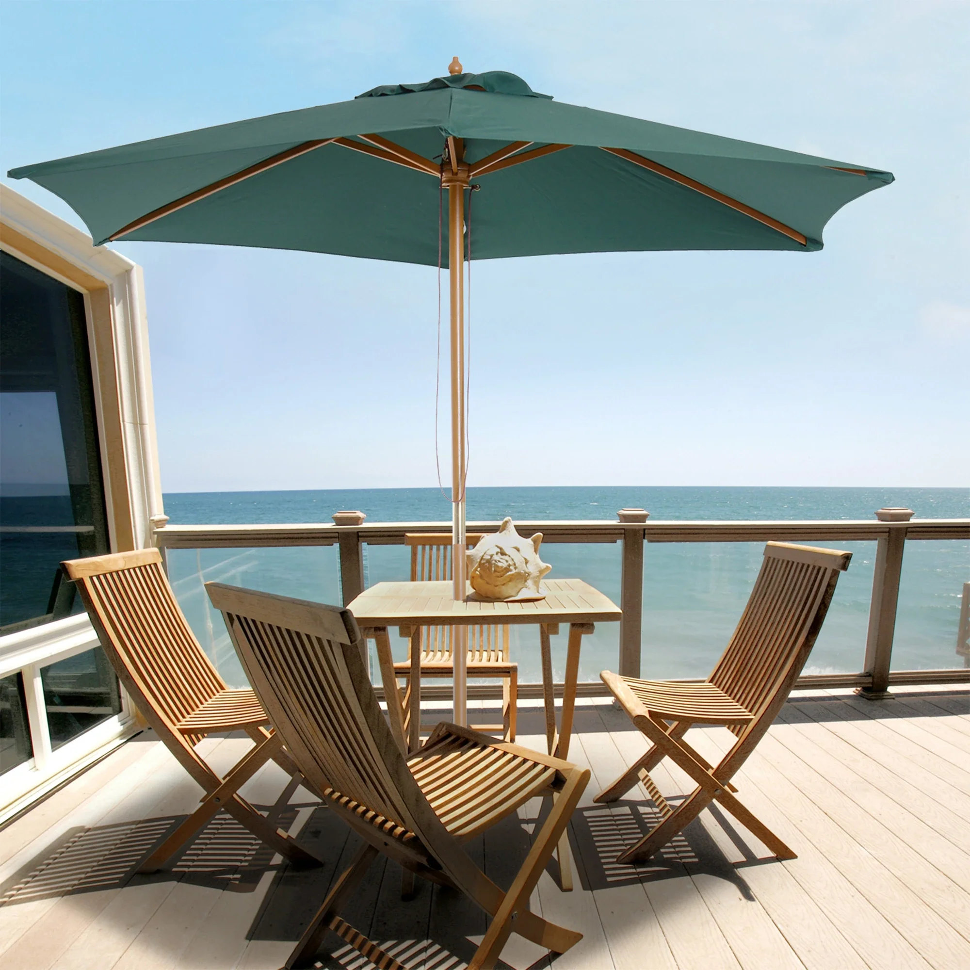 8FT Wood Patio Umbrella, Round Garden Parasol, Bamboo Ribs, Dark Green - Image 2