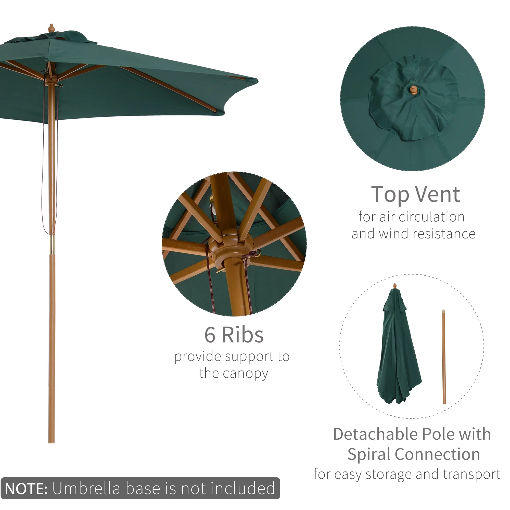 8FT Wood Patio Umbrella, Round Garden Parasol, Bamboo Ribs, Dark Green - Image 4