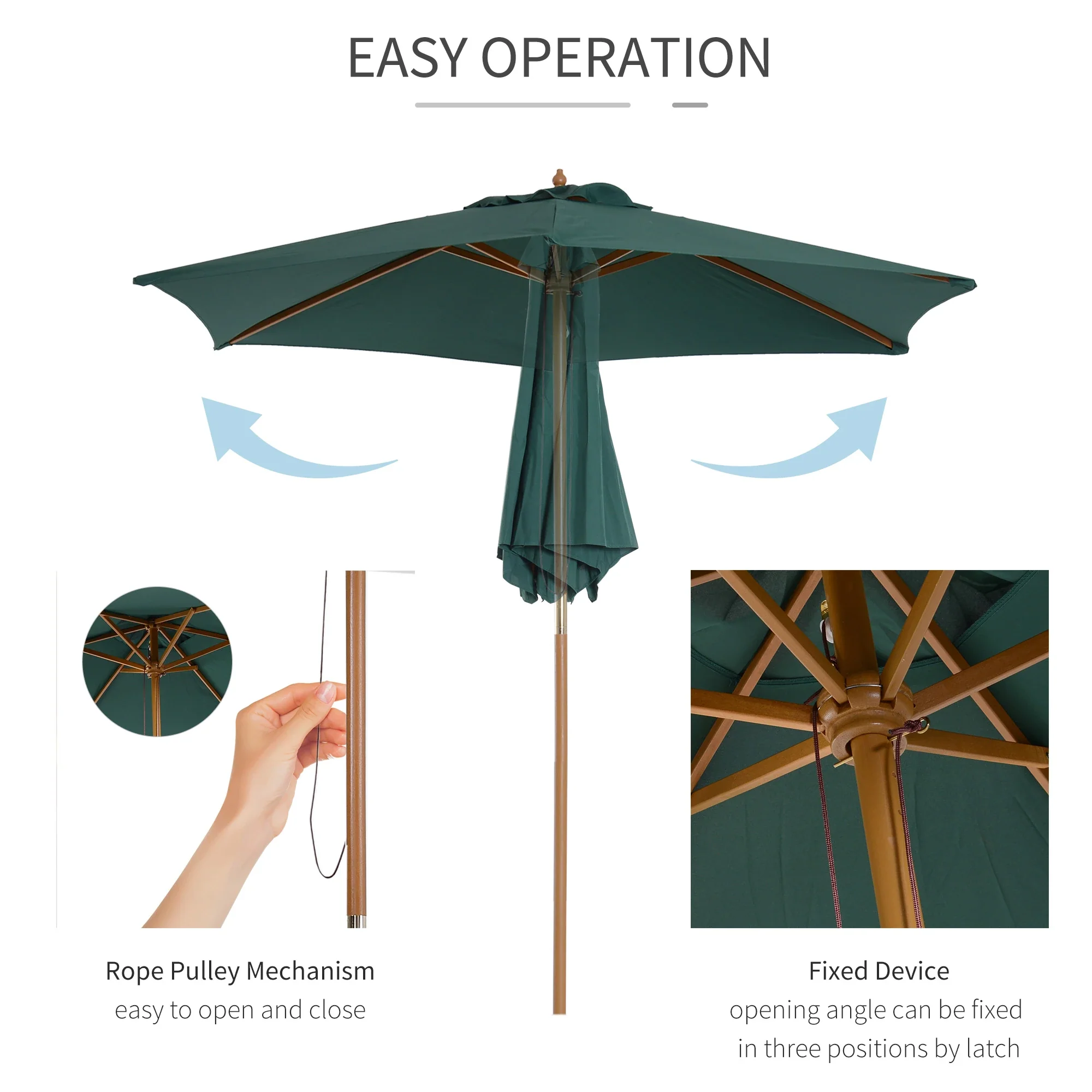 8FT Wood Patio Umbrella, Round Garden Parasol, Bamboo Ribs, Dark Green - Image 5