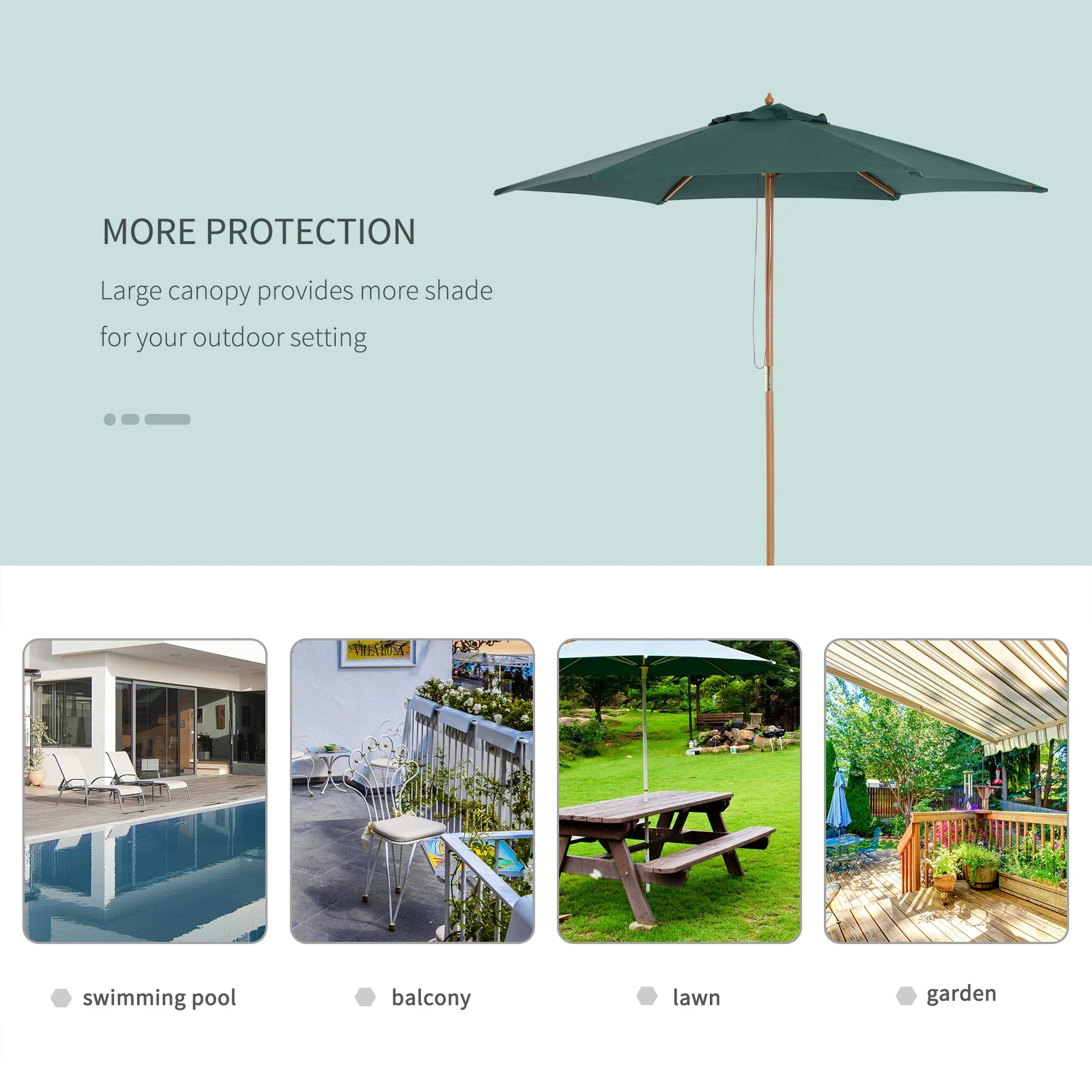 8FT Wood Patio Umbrella, Round Garden Parasol, Bamboo Ribs, Dark Green - Image 6