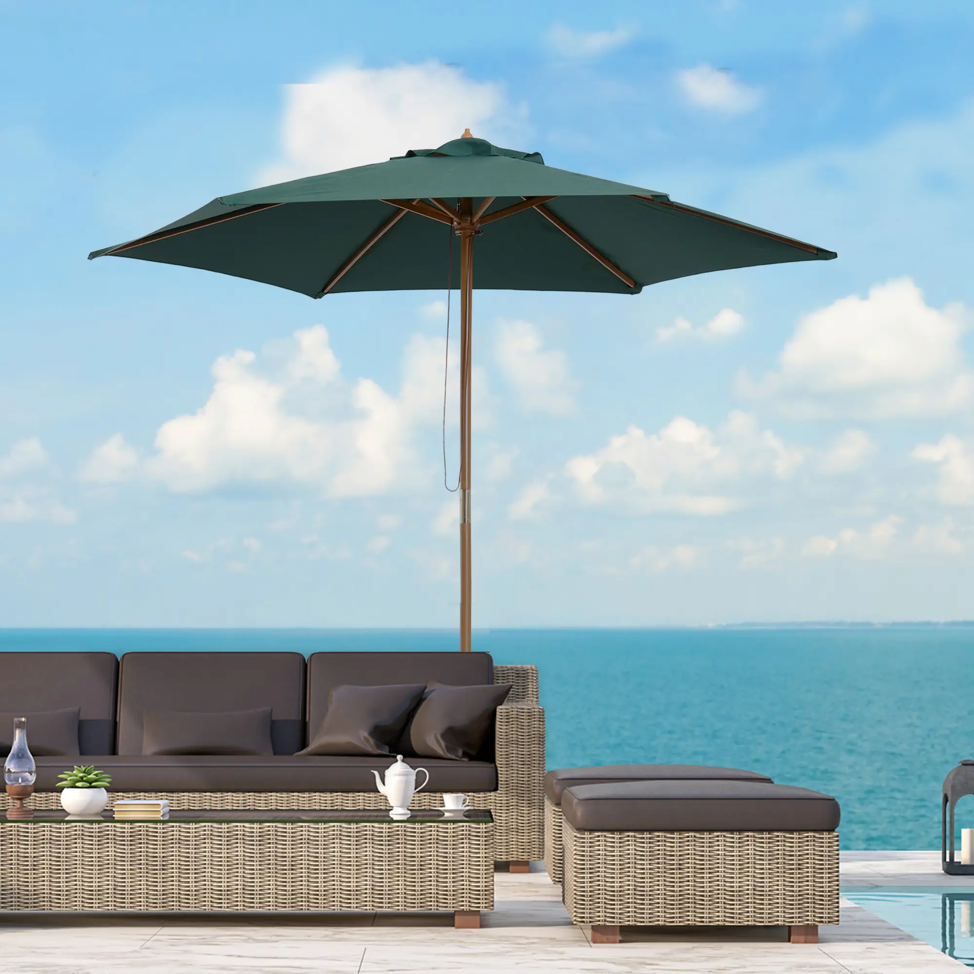8FT Wood Patio Umbrella, Round Garden Parasol, Bamboo Ribs, Dark Green - Image 7