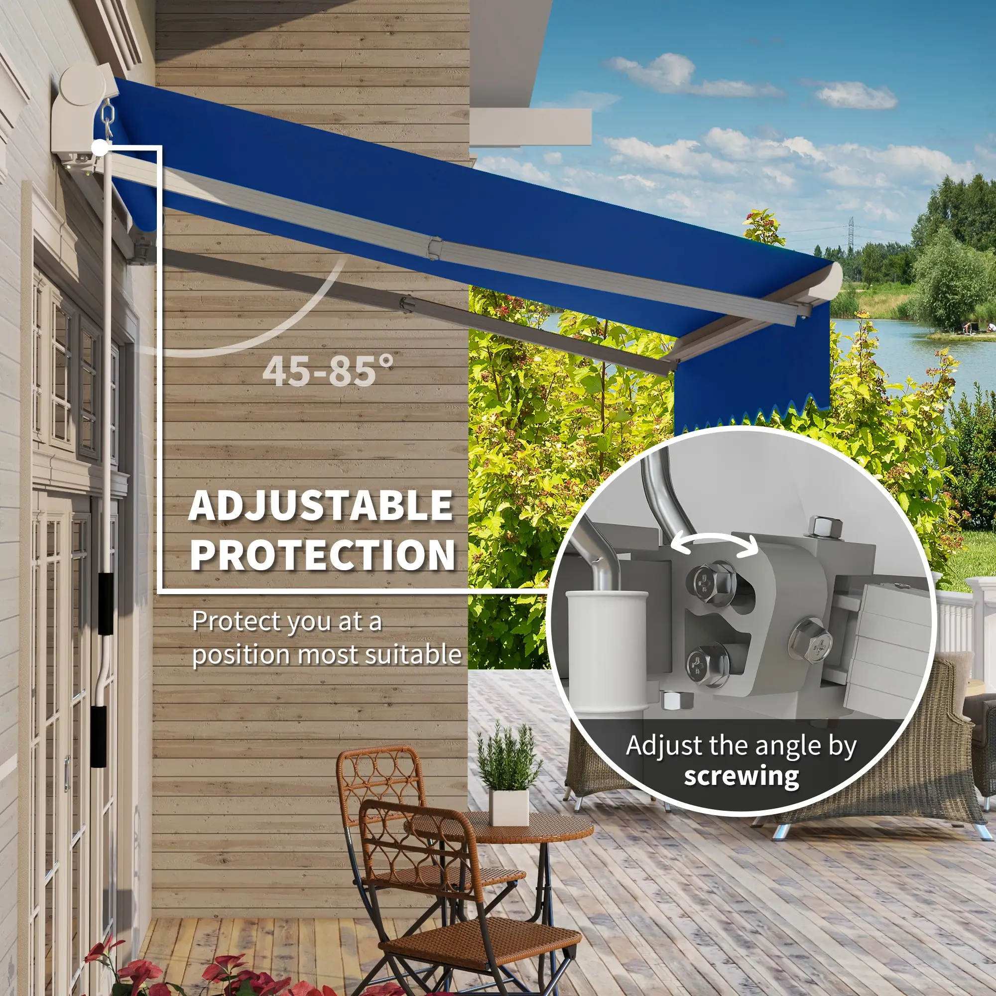 8'x7' Manual Retractable Patio Awning, Sun Shade Canopy, Blue - Image 4