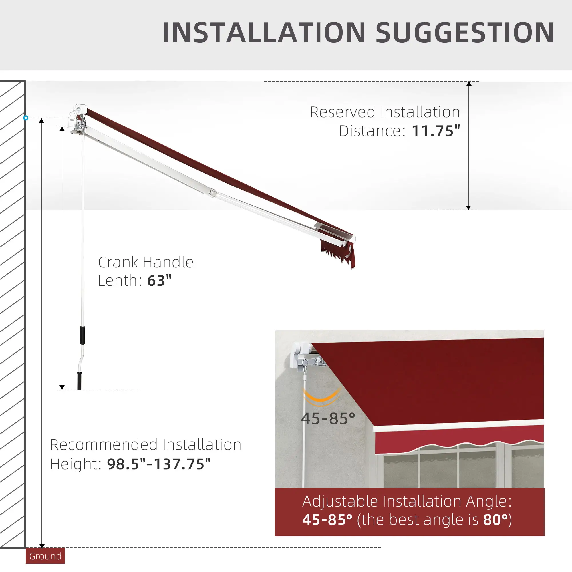 8'x7' Manual Retractable Patio Awning, Sun Shade, Wine Red - Image 6