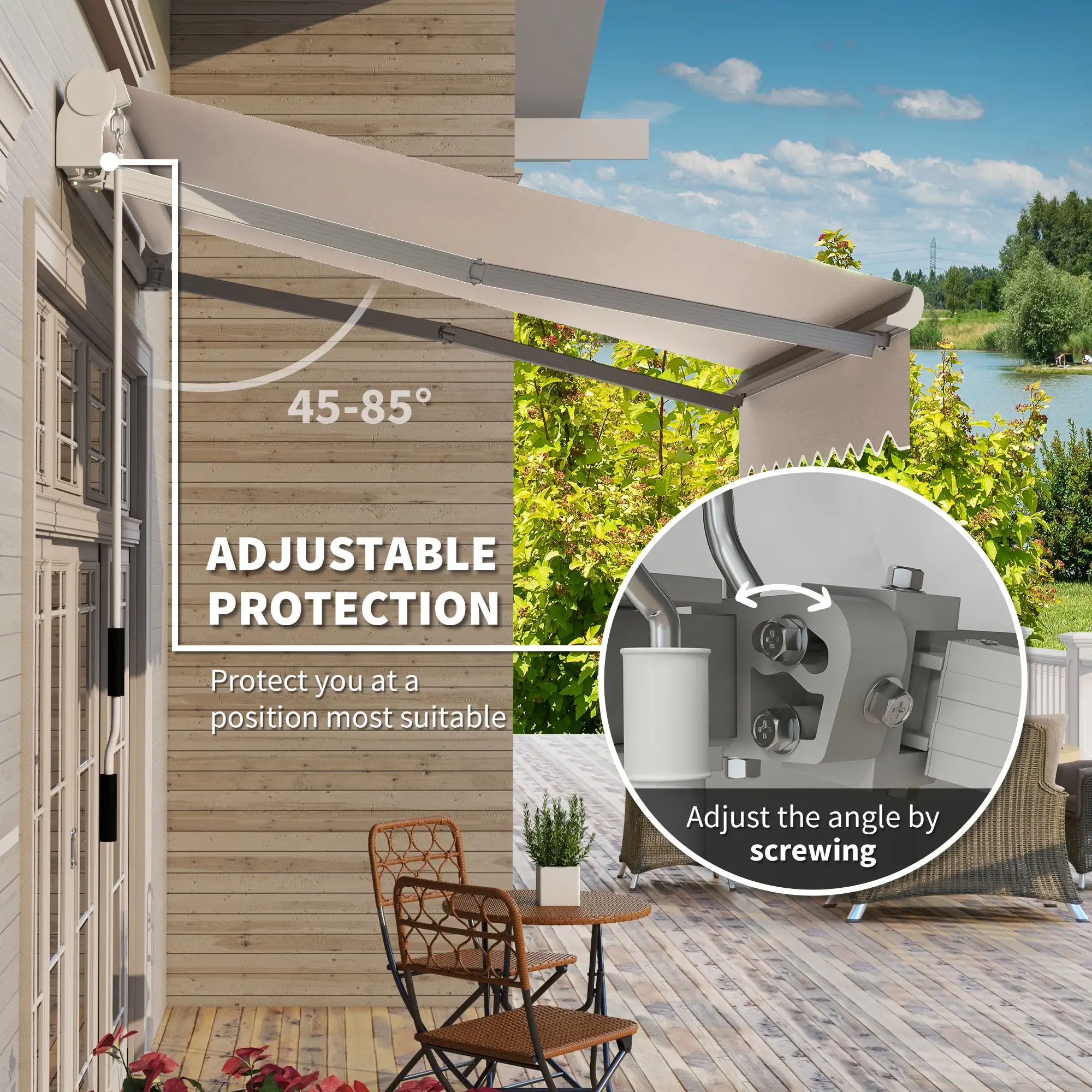 8'x7' Patio Awning, Manual Retractable Sun Shade, Outdoor Deck Canopy Shelter, Beige - Image 4