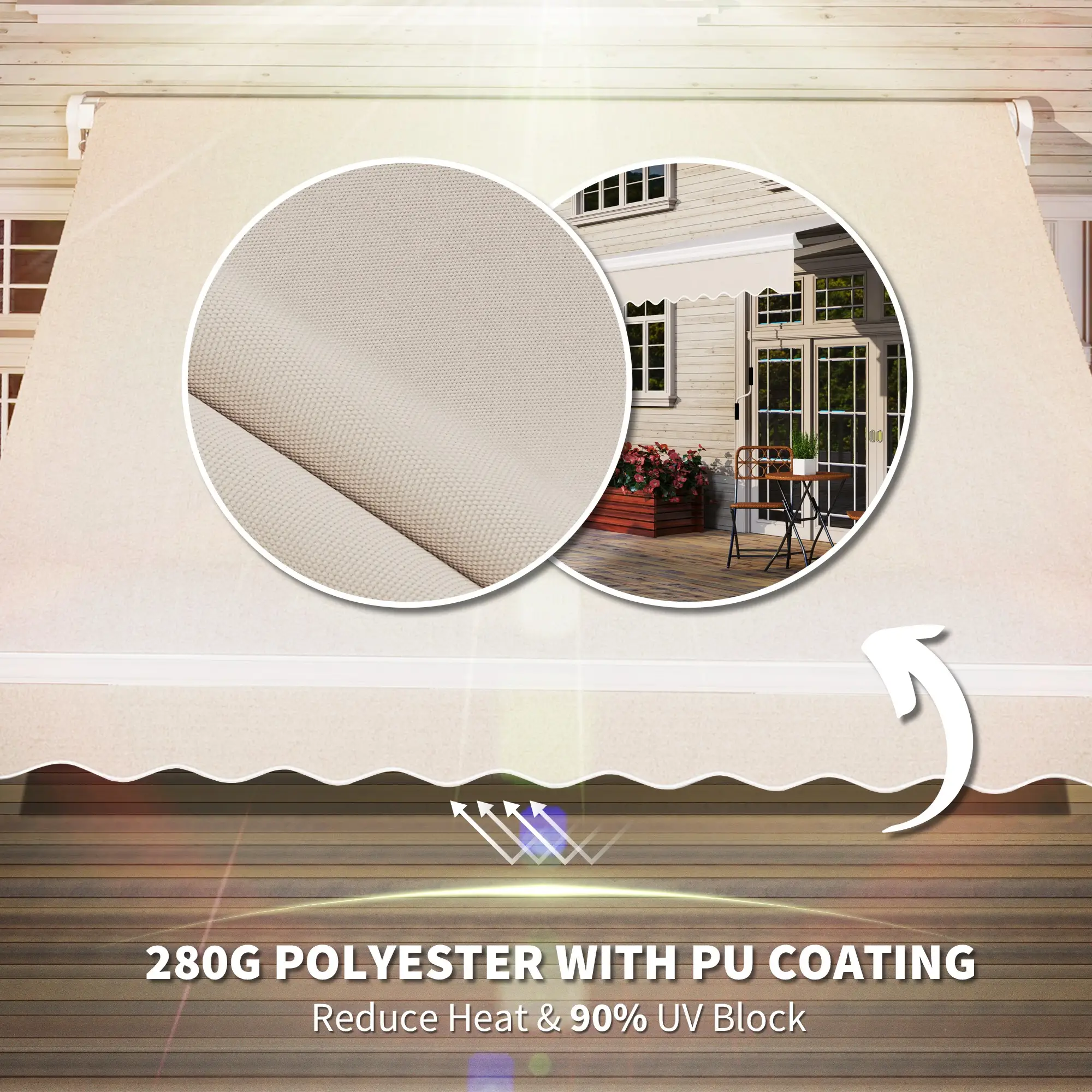 8'x7' Patio Awning, Manual Retractable Sun Shade, Outdoor Deck Canopy Shelter, Beige - Image 5