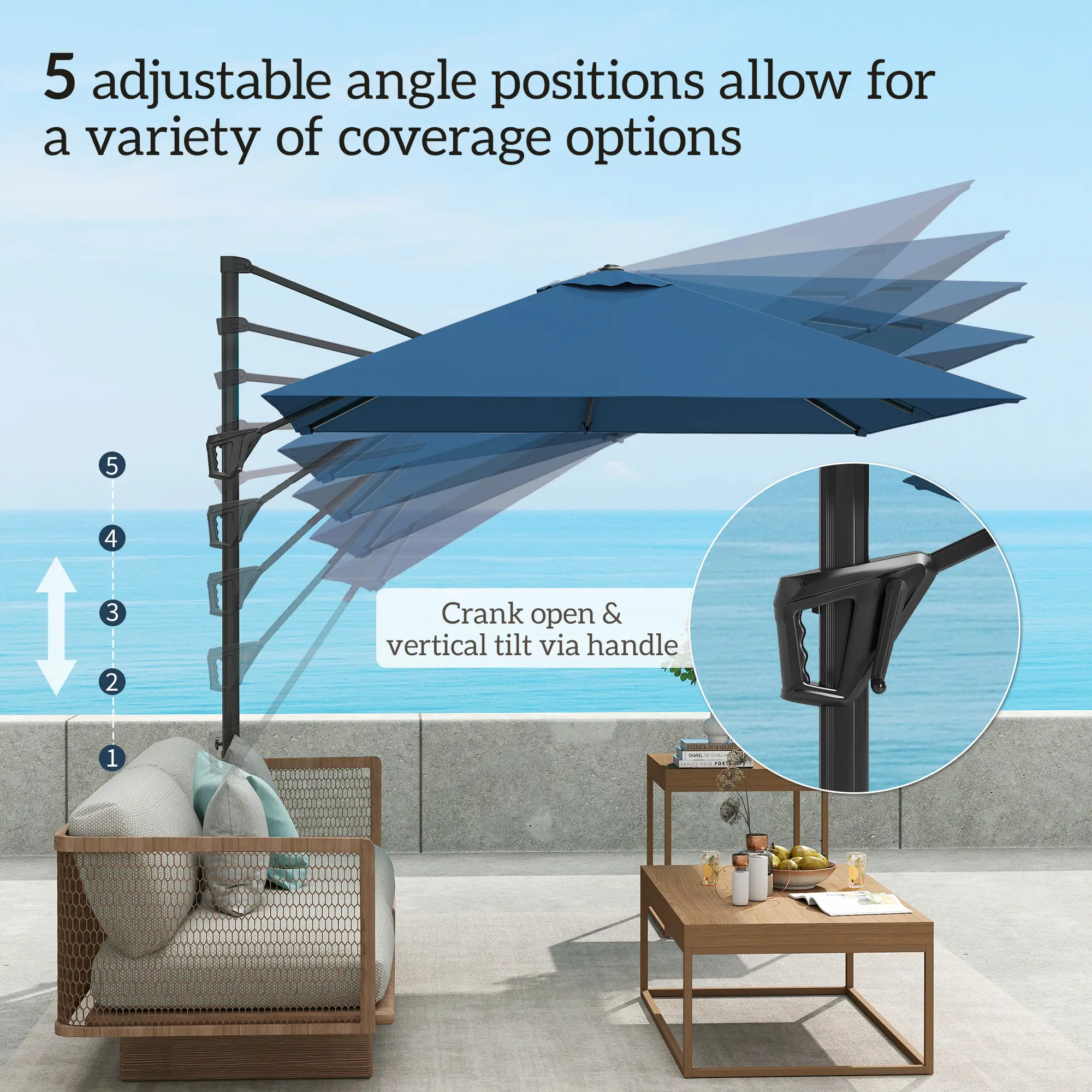 8'x8' Square Patio Hanging Offset Umbrella, Outdoor Cantilever, Navy Blue - Image 5