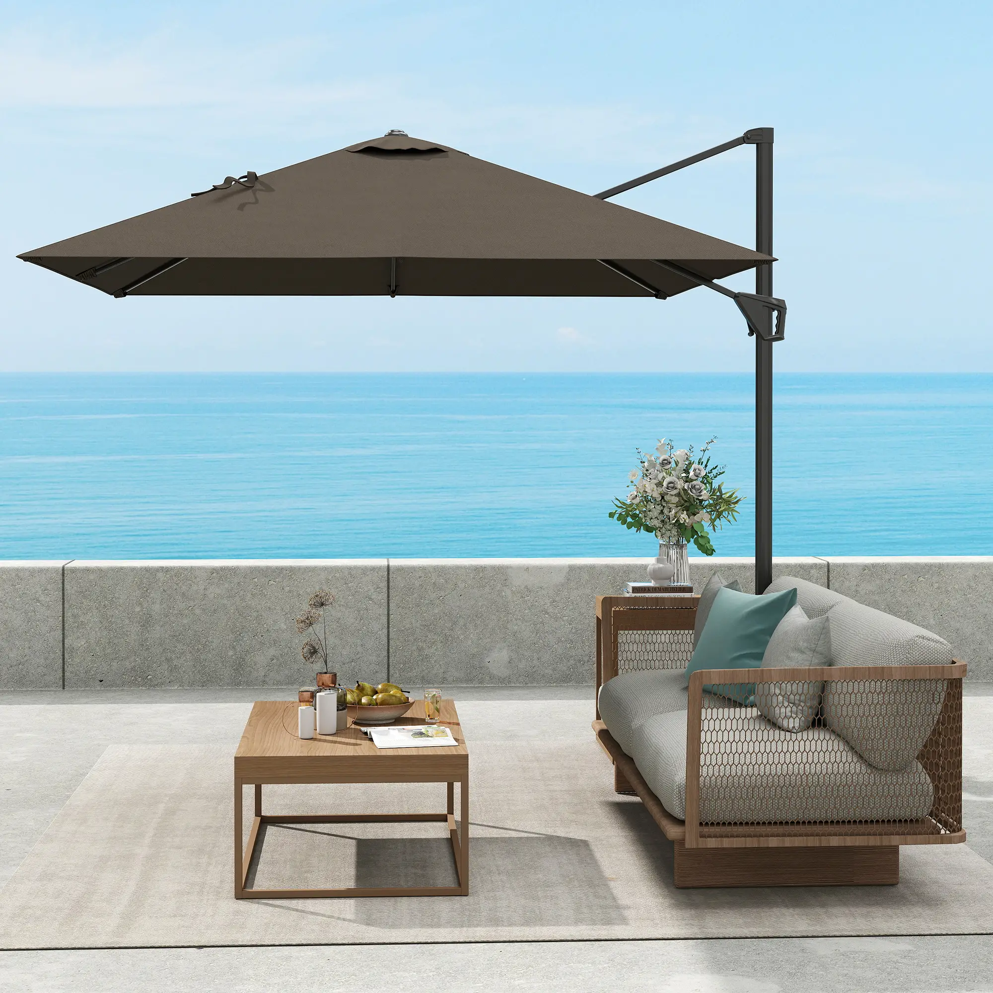 8'x8' Square Patio Hanging Offset Umbrella, Outdoor Cantilever Parasol, Tan - Image 10