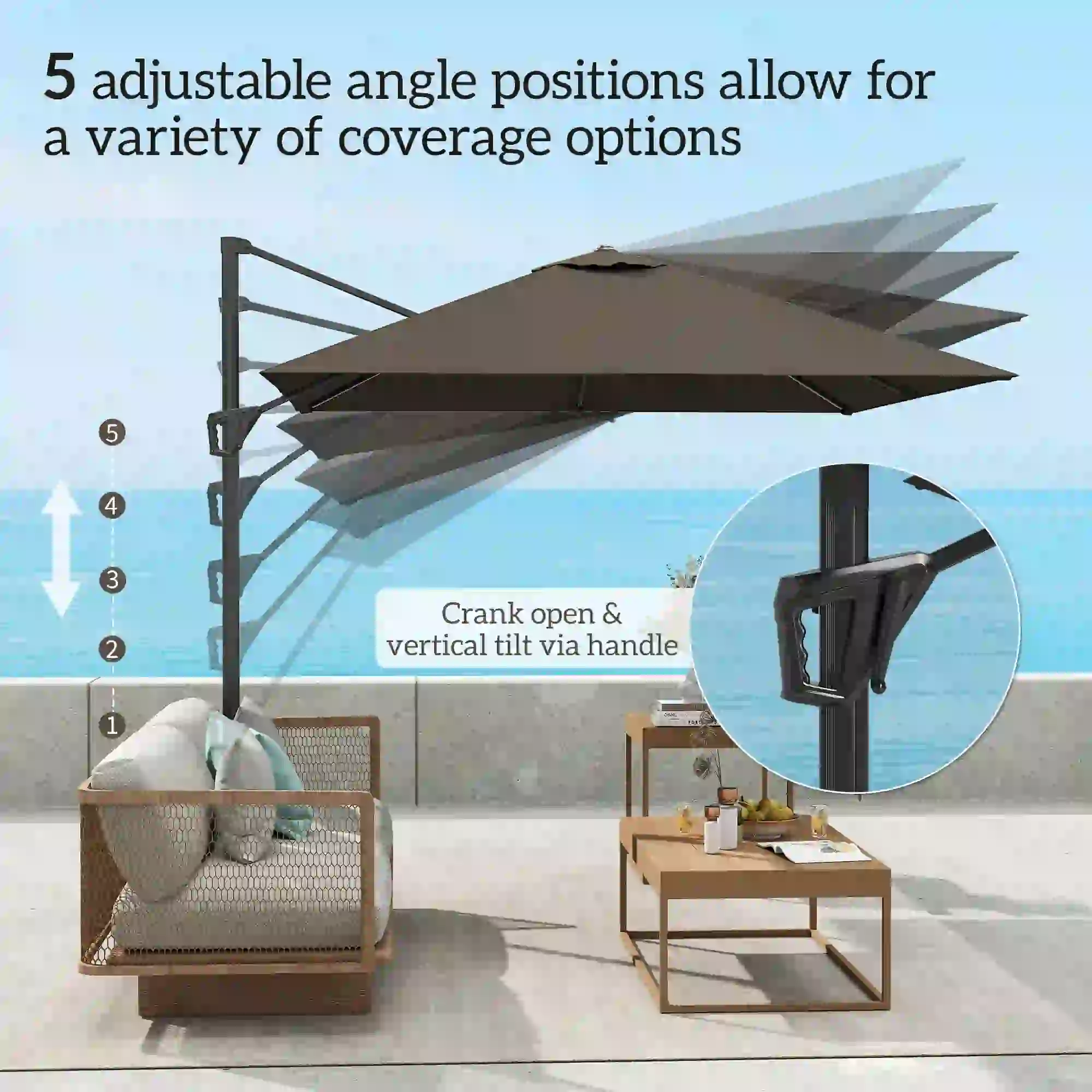 8'x8' Square Patio Hanging Offset Umbrella, Outdoor Cantilever Parasol, Tan - Image 5