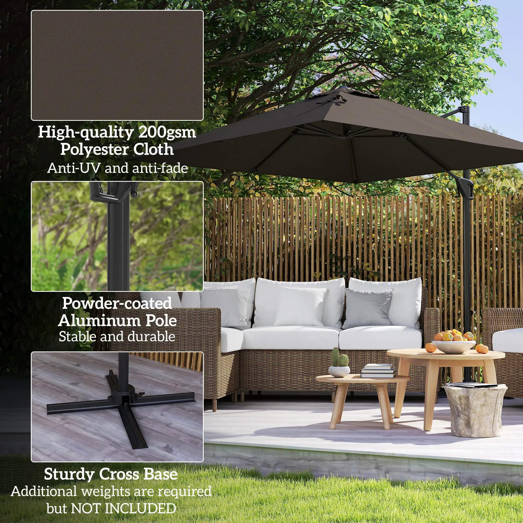8'x8' Square Patio Hanging Offset Umbrella, Outdoor Cantilever Parasol, Tan - Image 7