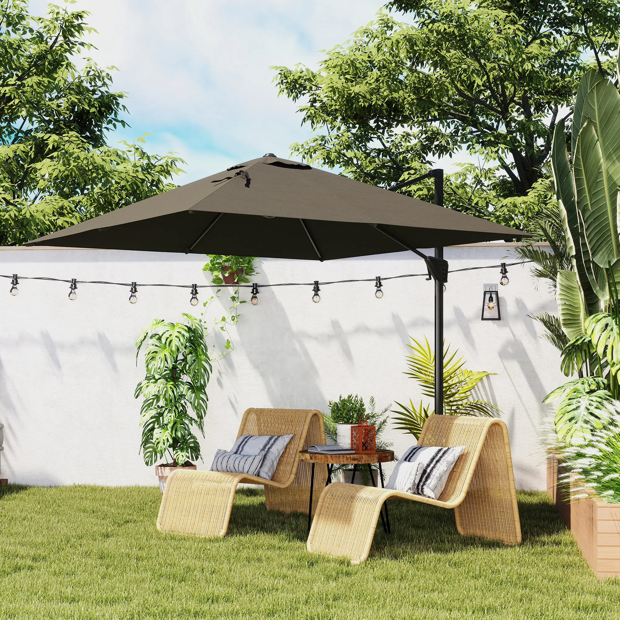 8'x8' Square Patio Hanging Offset Umbrella, Outdoor Cantilever Parasol, Tan - Image 9