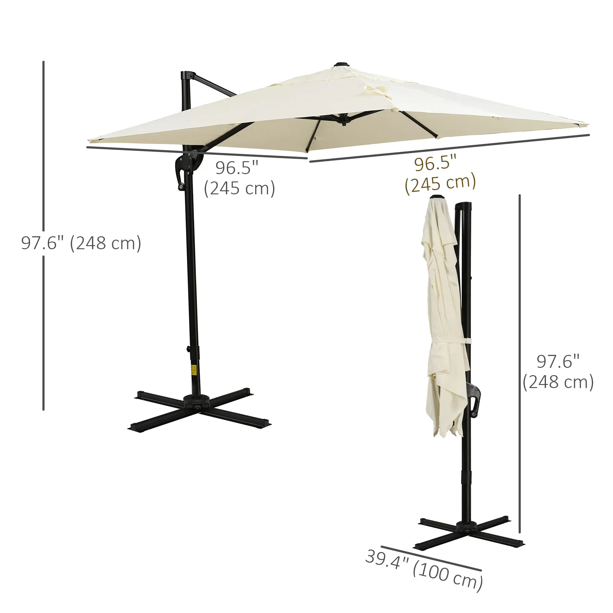 8'x8' Square Patio Umbrella, Outdoor Cantilever Parasol, Cream White - Image 3