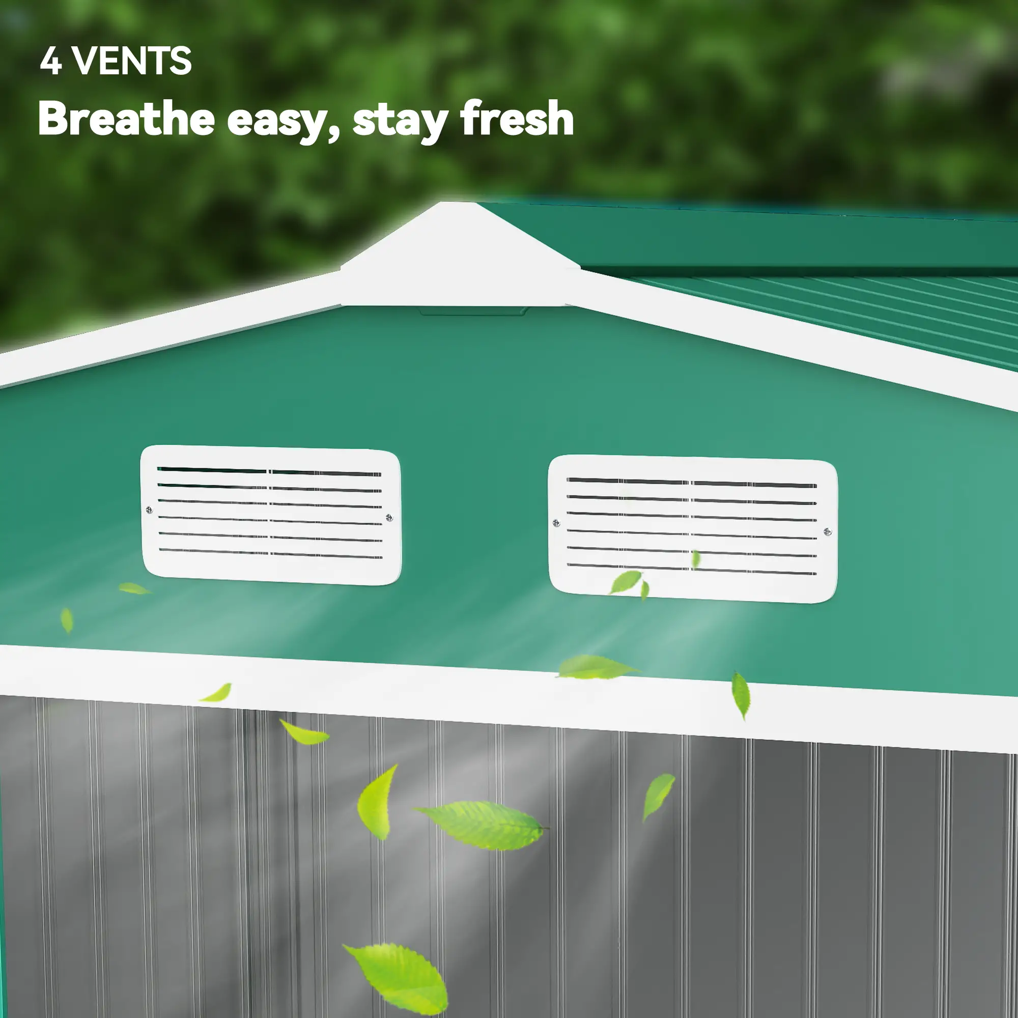 9.1' x 6.4' x 6.3' Garden Storage Shed, Foundation Kit, Metal Tool House, Double Doors, Green - Image 9