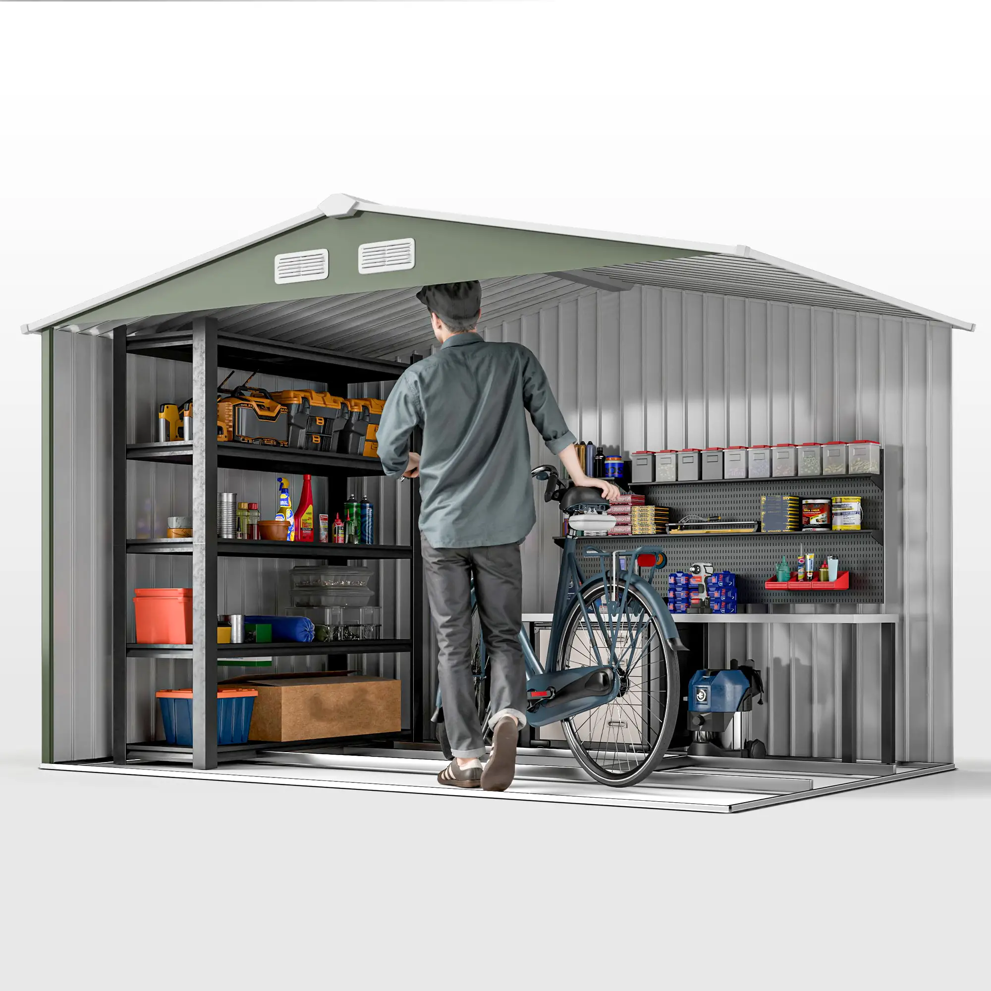 9.1'x6.4'x6.3' Garden Storage Shed, Foundation Kit, Double Doors, Light Green - Image 13