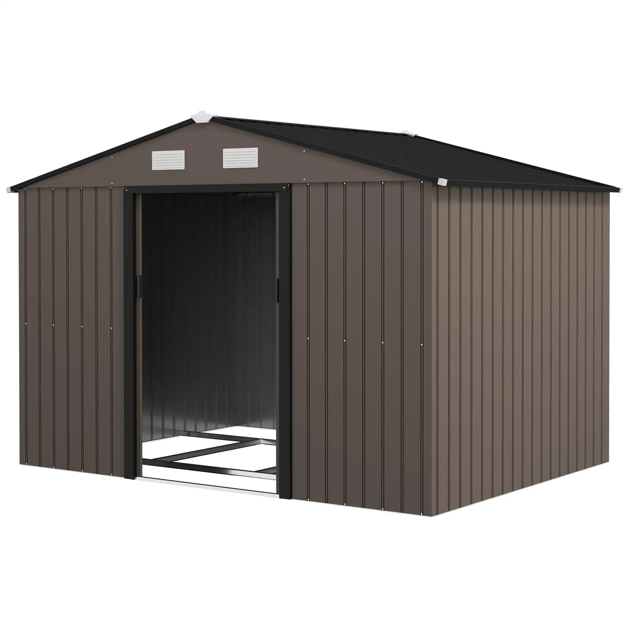 9.1'x6.4'x6.3' Garden Storage Shed, Foundation Kit, Metal Tool House, Double Doors, Brown