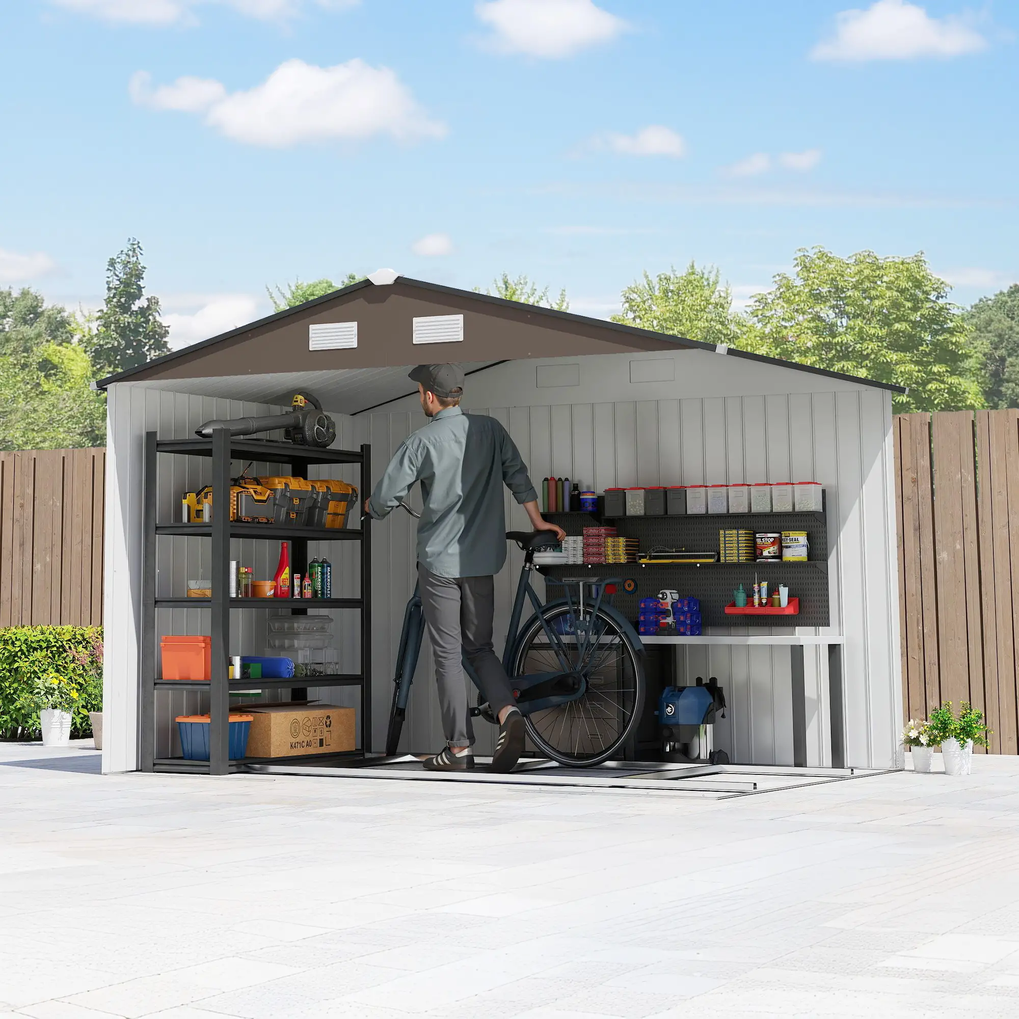 9.1'x6.4'x6.3' Garden Storage Shed, Foundation Kit, Metal Tool House, Double Doors, Brown - Image 10