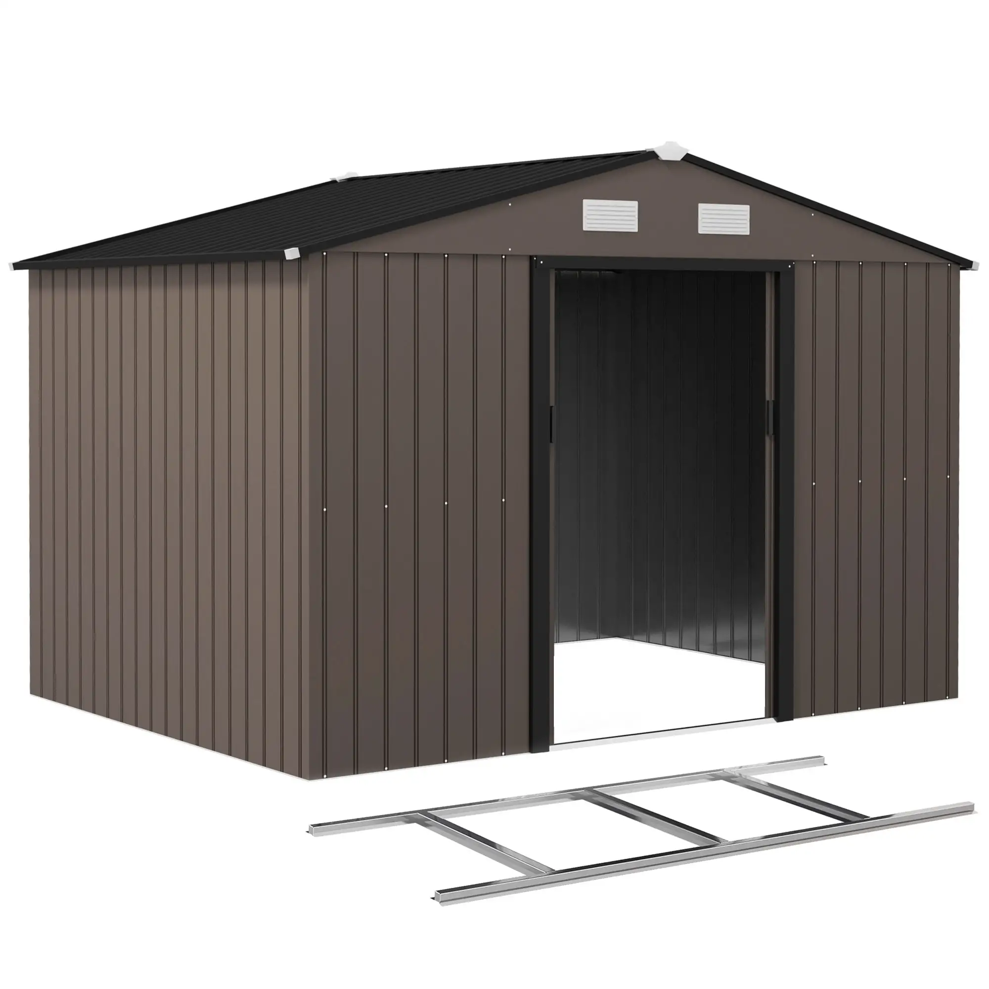 9.1'x6.4'x6.3' Garden Storage Shed, Foundation Kit, Metal Tool House, Double Doors, Brown - Image 11