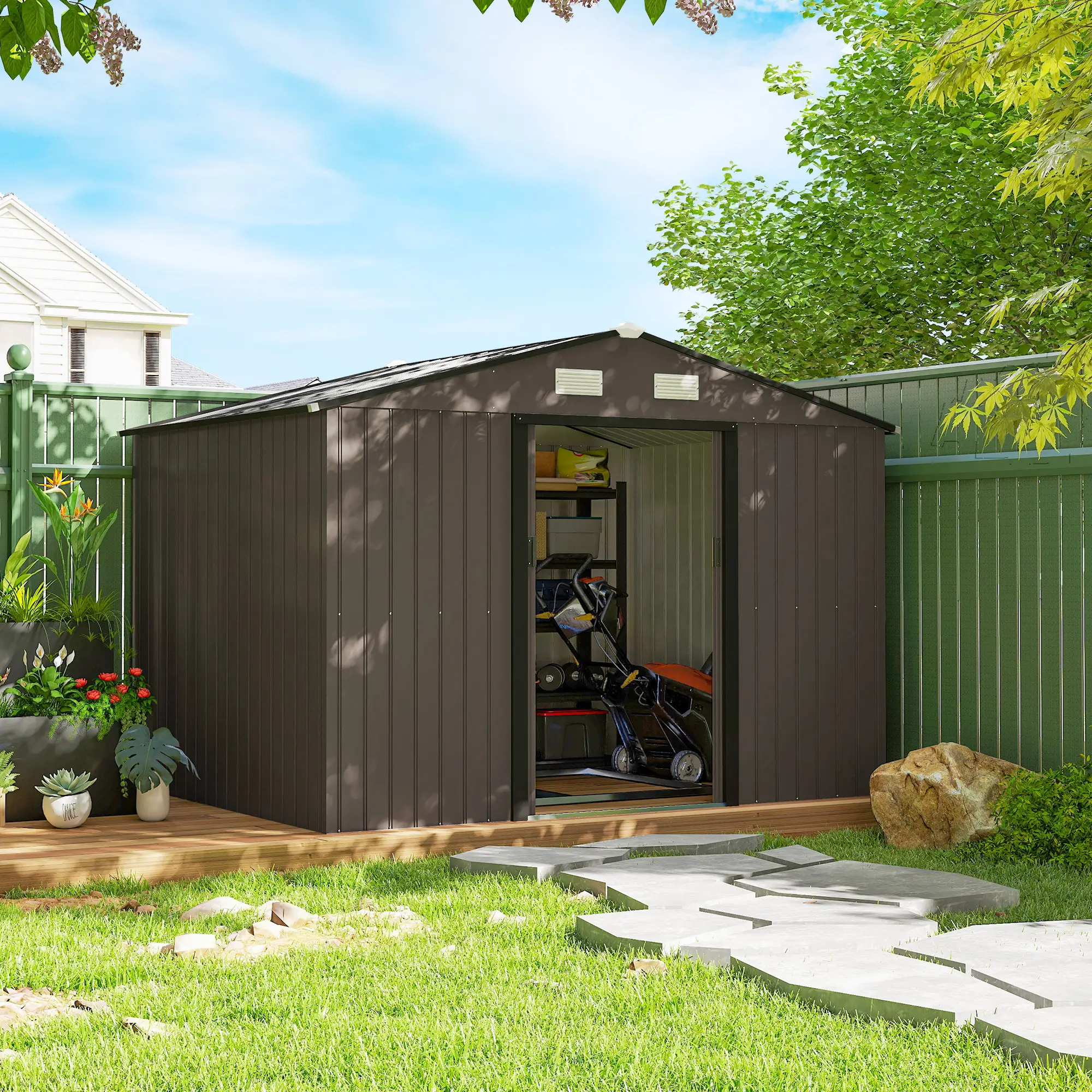 9.1'x6.4'x6.3' Garden Storage Shed, Foundation Kit, Metal Tool House, Double Doors, Brown - Image 2
