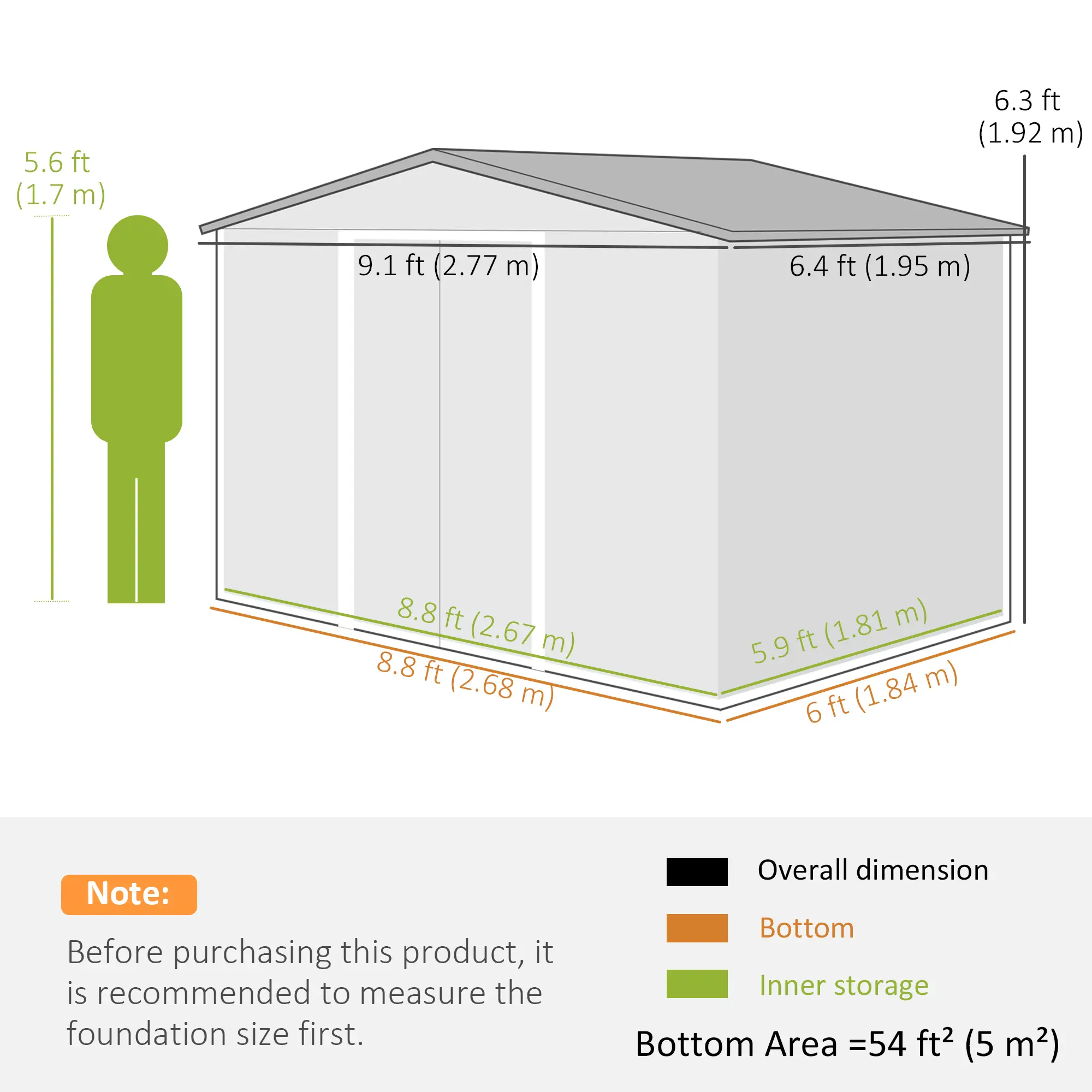9.1'x6.4'x6.3' Garden Storage Shed, Foundation Kit, Metal Tool House, Double Doors, Brown - Image 3