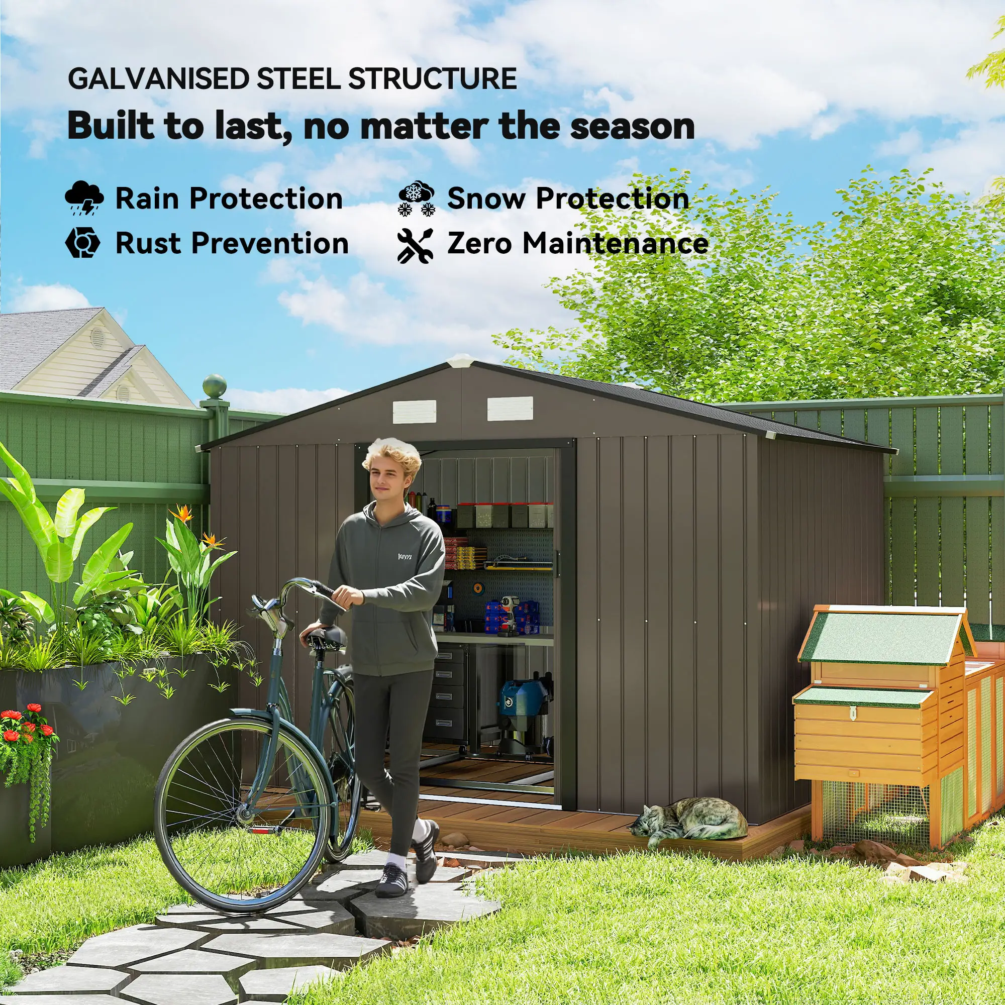 9.1'x6.4'x6.3' Garden Storage Shed, Foundation Kit, Metal Tool House, Double Doors, Brown - Image 4