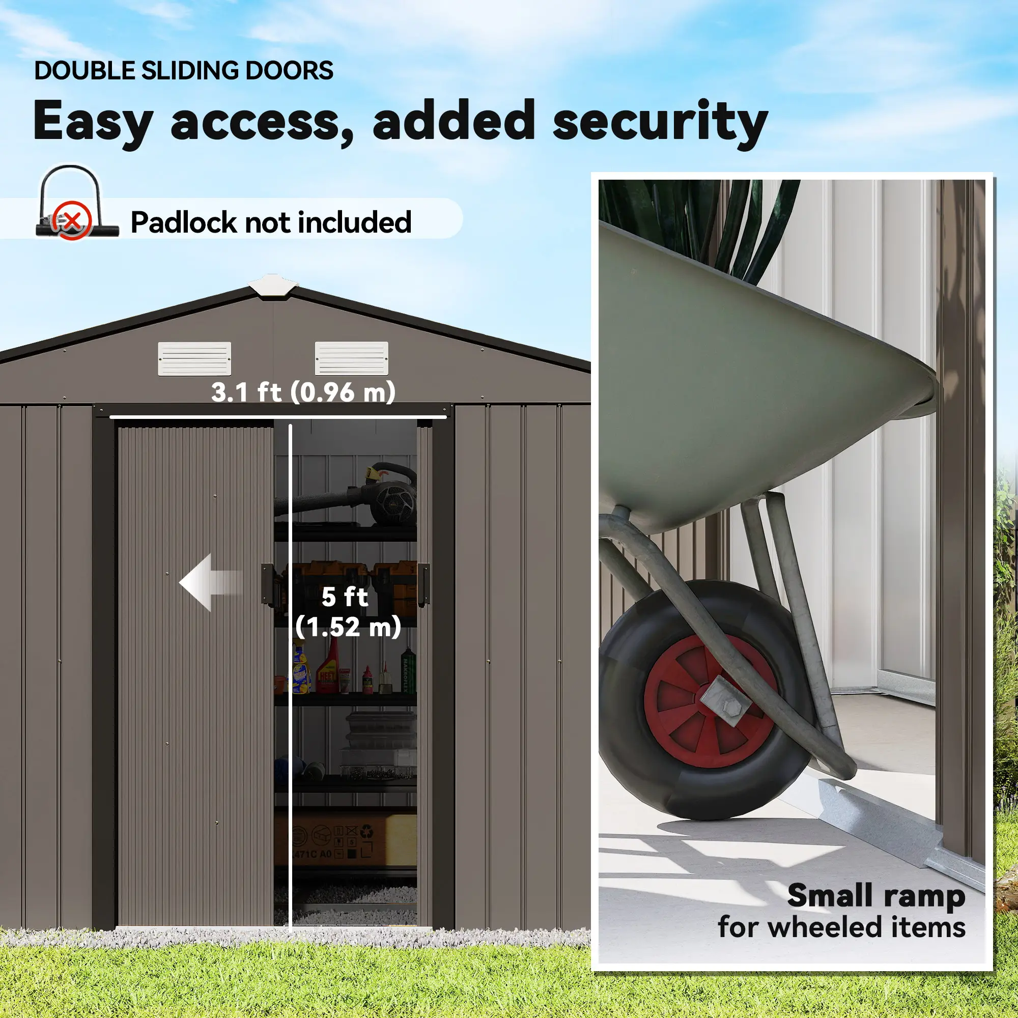 9.1'x6.4'x6.3' Garden Storage Shed, Foundation Kit, Metal Tool House, Double Doors, Brown - Image 5