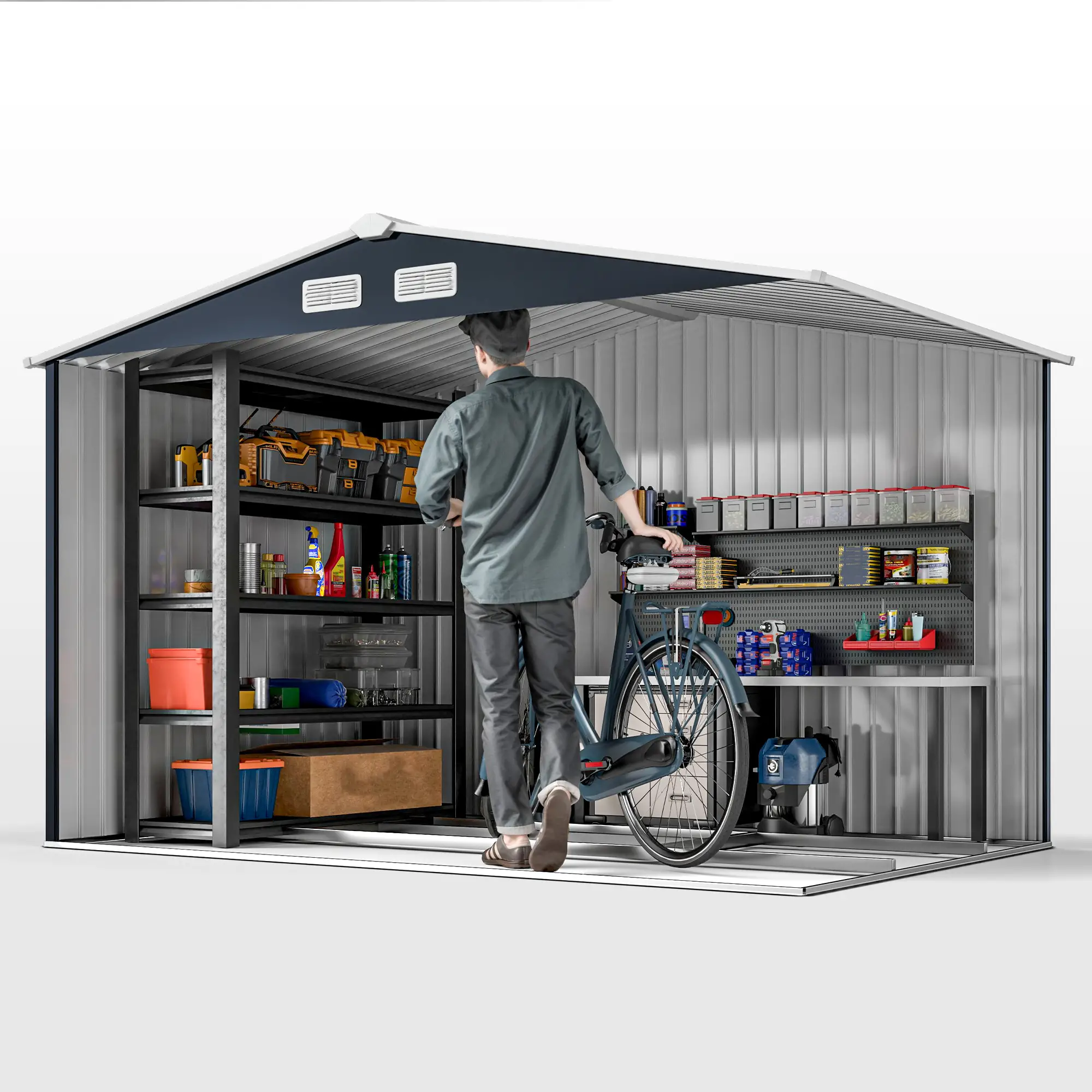 9.1'x6.4'x6.3' Garden Storage Shed, Foundation Kit, Metal Tool House, Double Doors, Dark Grey - Image 10