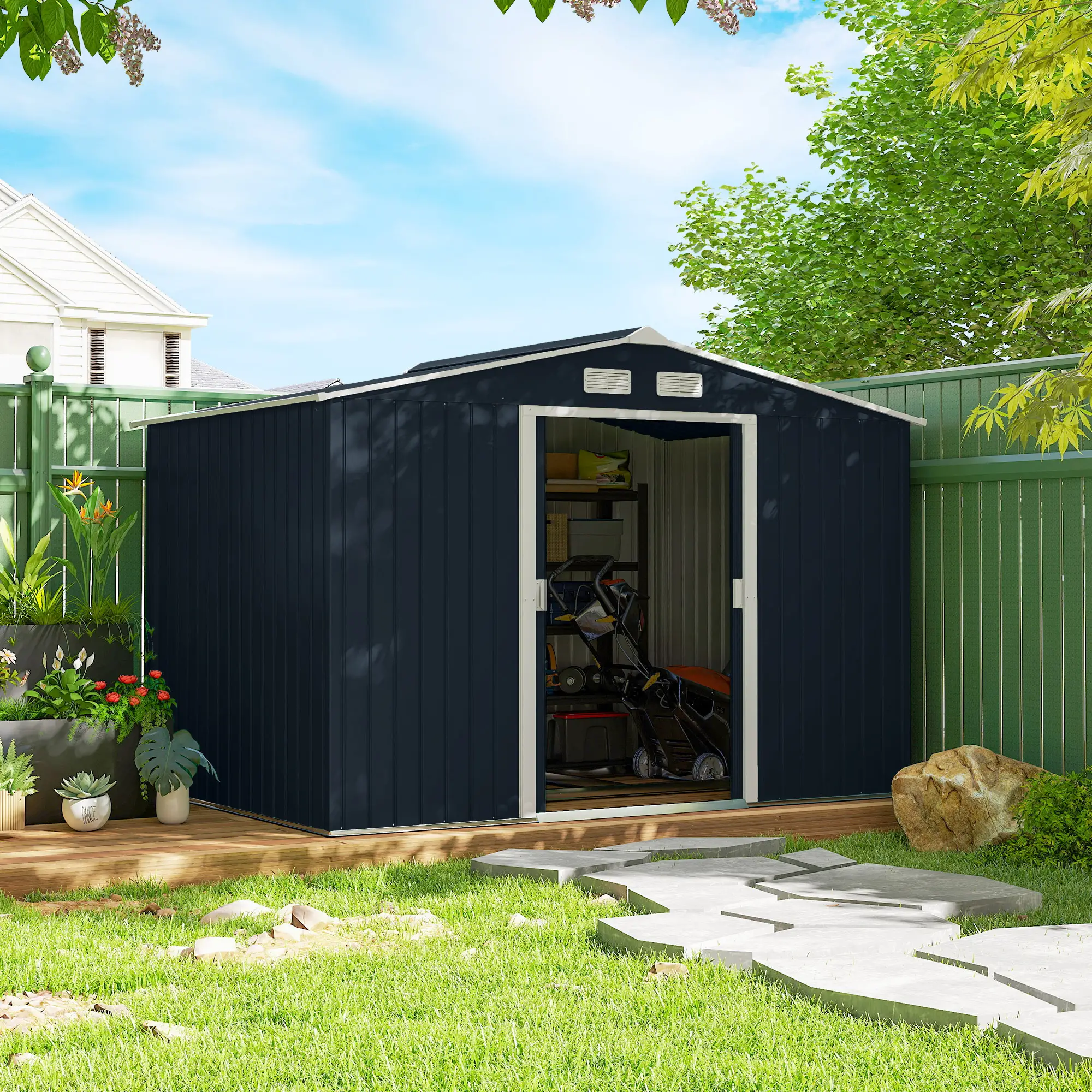 9.1'x6.4'x6.3' Garden Storage Shed, Foundation Kit, Metal Tool House, Double Doors, Dark Grey - Image 2