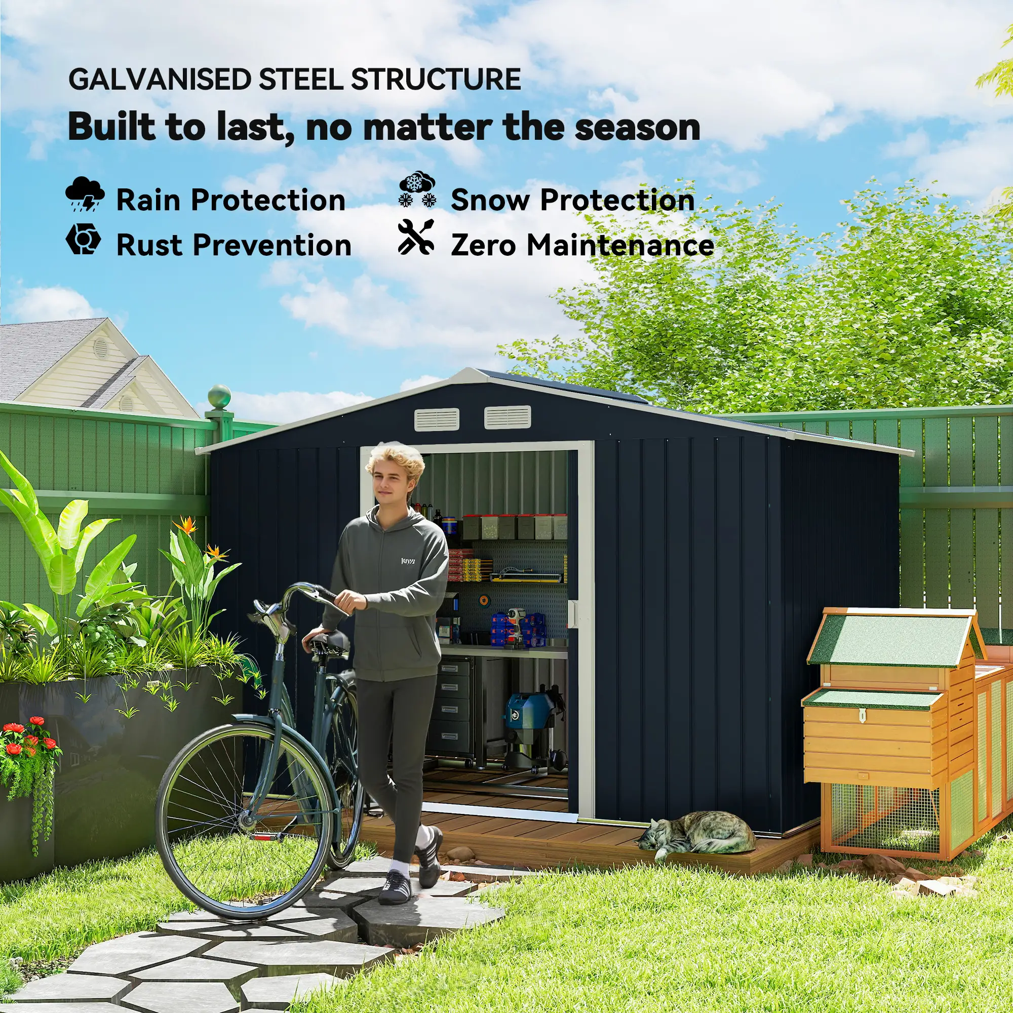 9.1'x6.4'x6.3' Garden Storage Shed, Foundation Kit, Metal Tool House, Double Doors, Dark Grey - Image 4