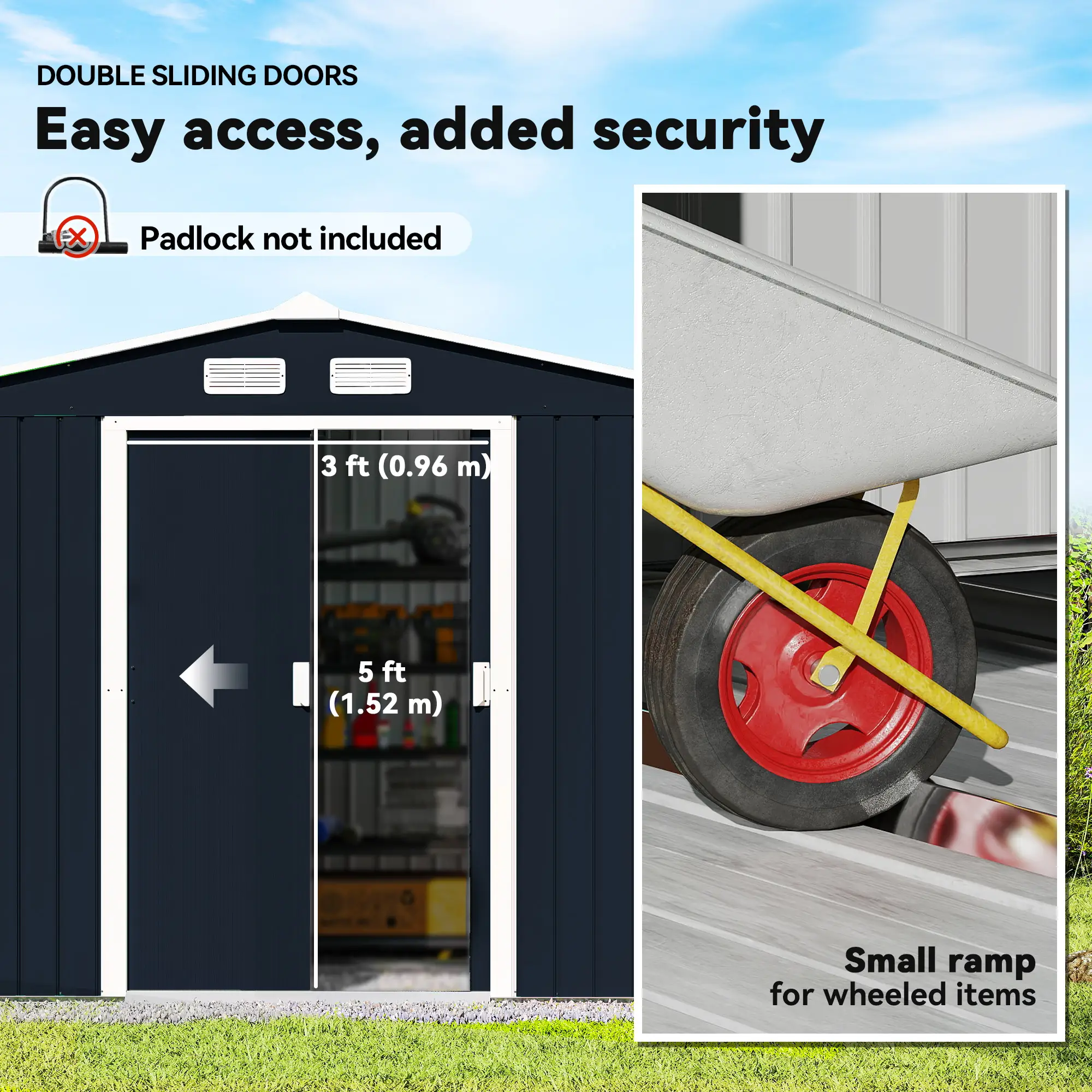 9.1'x6.4'x6.3' Garden Storage Shed, Foundation Kit, Metal Tool House, Double Doors, Dark Grey - Image 5
