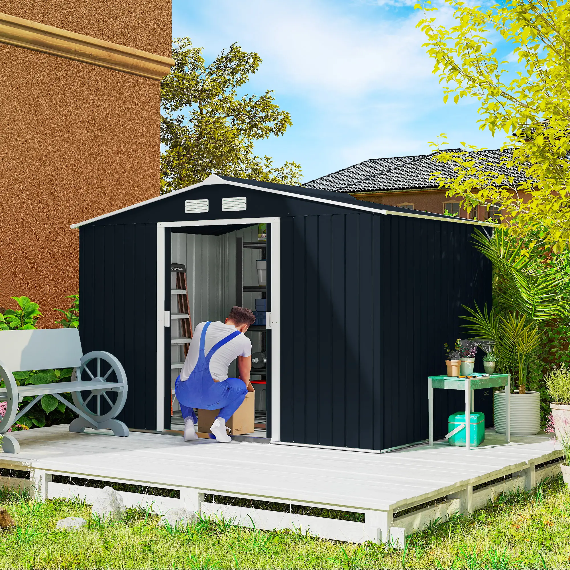9.1'x6.4'x6.3' Garden Storage Shed, Foundation Kit, Metal Tool House, Double Doors, Dark Grey - Image 8