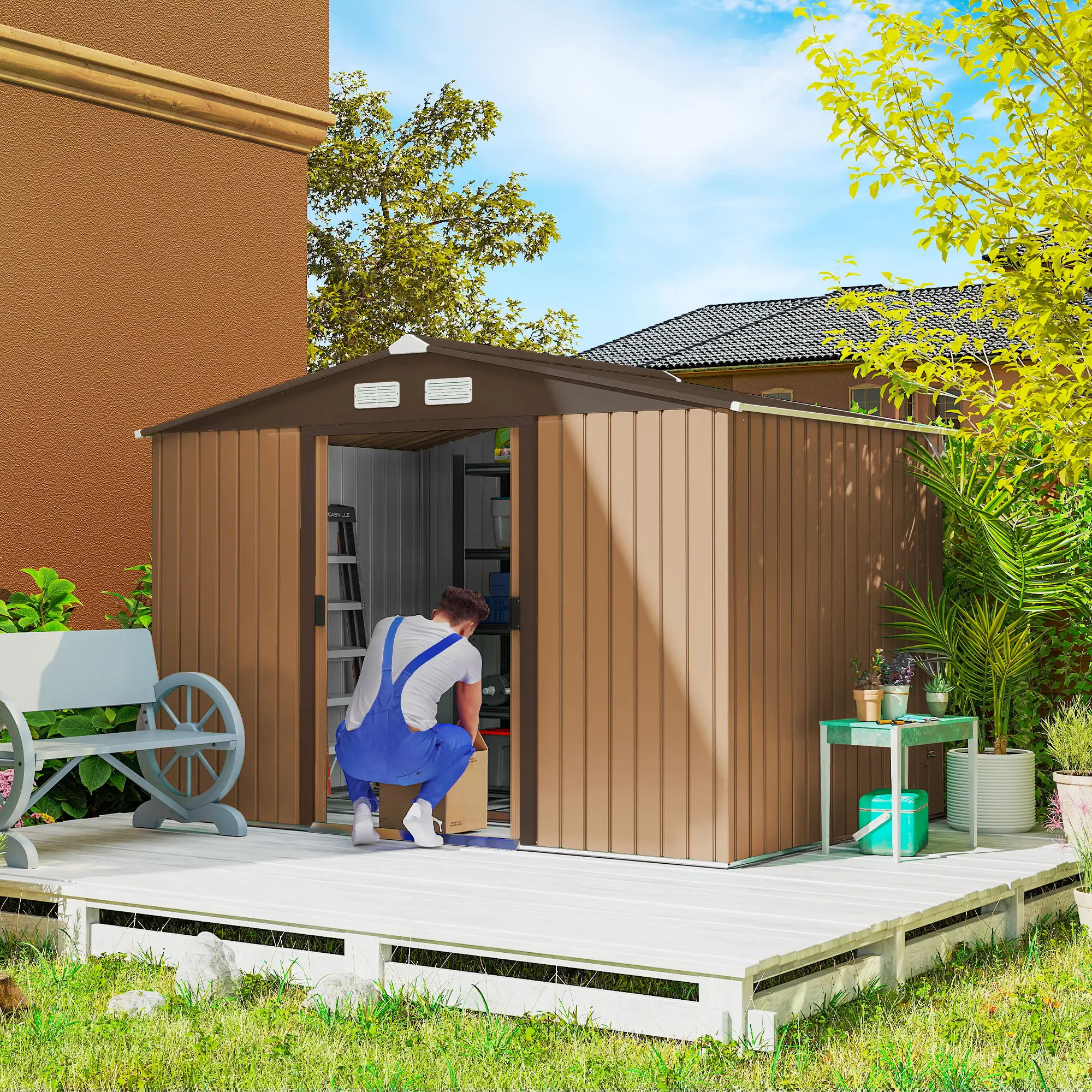 9.1'x6.4'x6.3' Garden Storage Shed, Metal Tool House, Double Doors, Dark Grey Yellow - Image 2