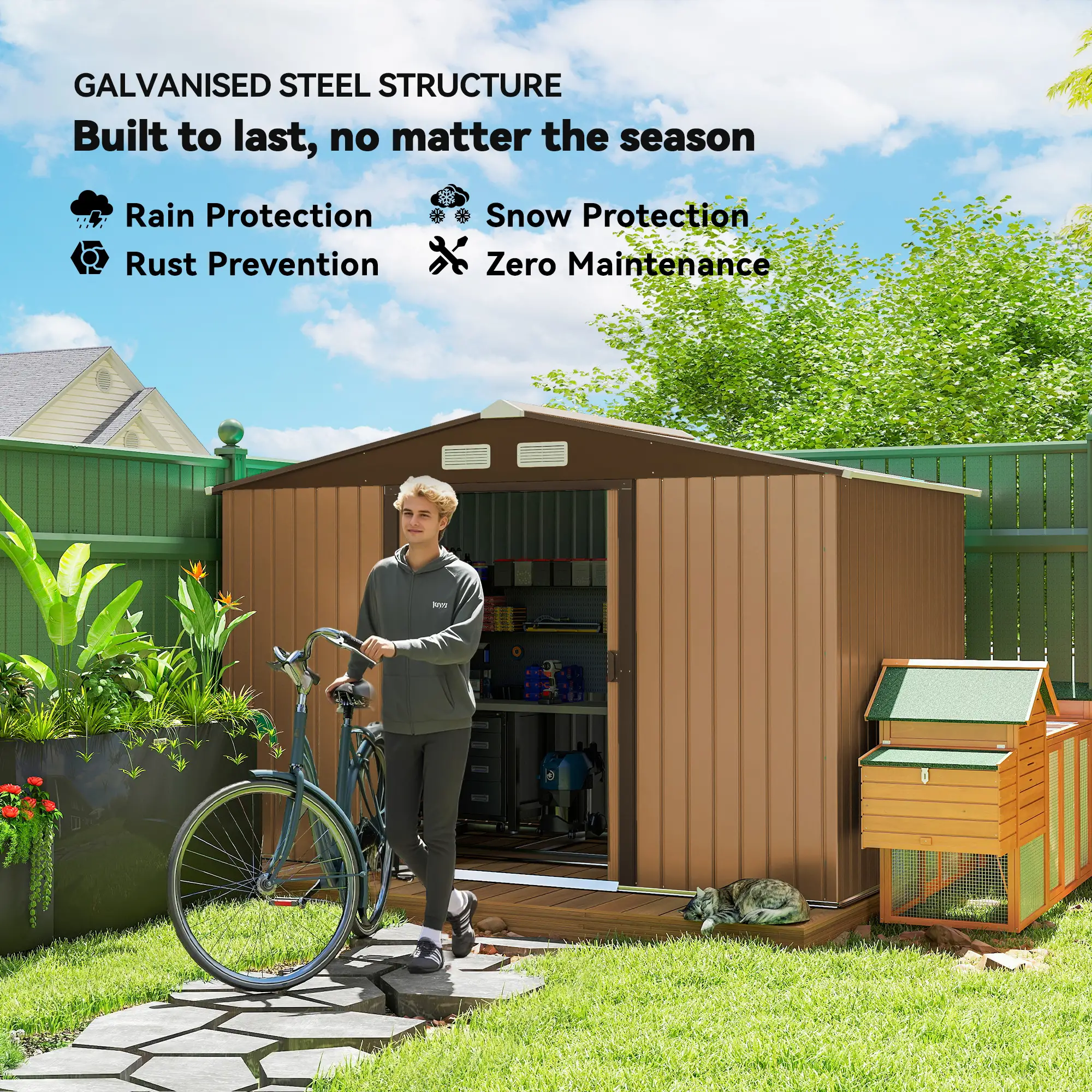 9.1'x6.4'x6.3' Garden Storage Shed, Metal Tool House, Double Doors, Dark Grey Yellow - Image 4