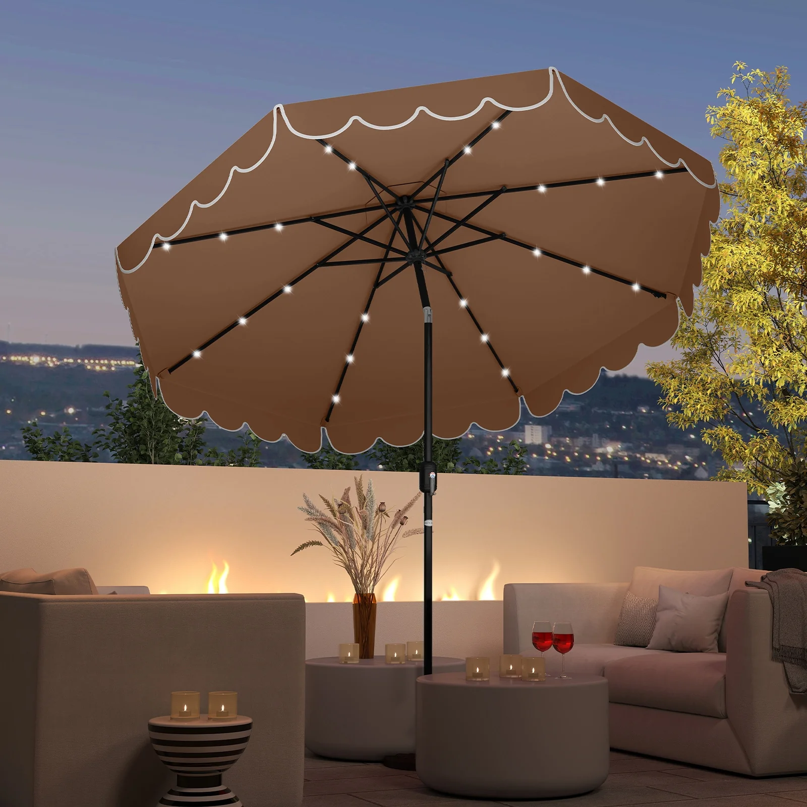9.3 Feet Solar Patio Umbrella, 24 LED Lights, Vented Top, Coffee - Image 2