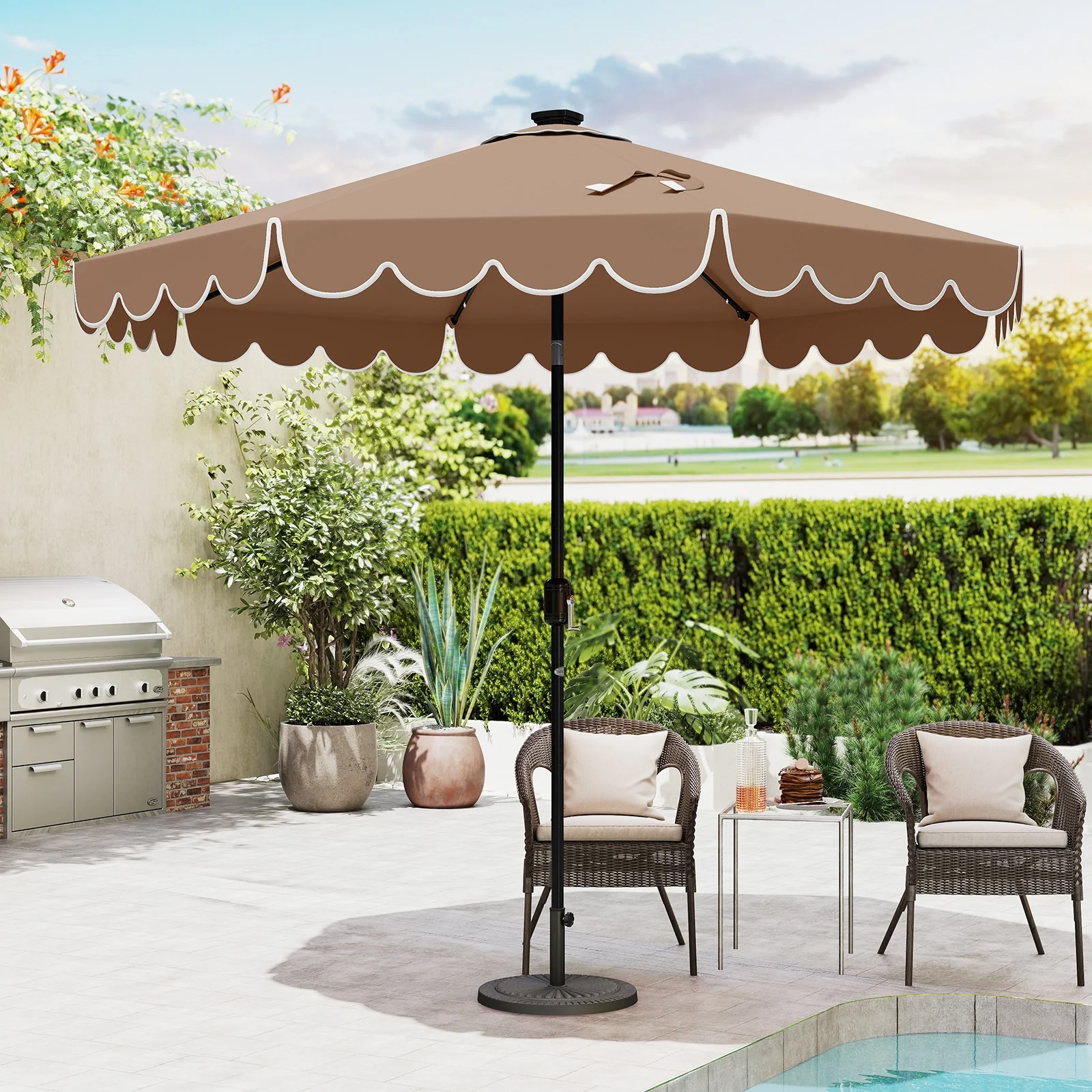 9.3 Feet Solar Patio Umbrella, 24 LED Lights, Vented Top, Coffee - Image 3