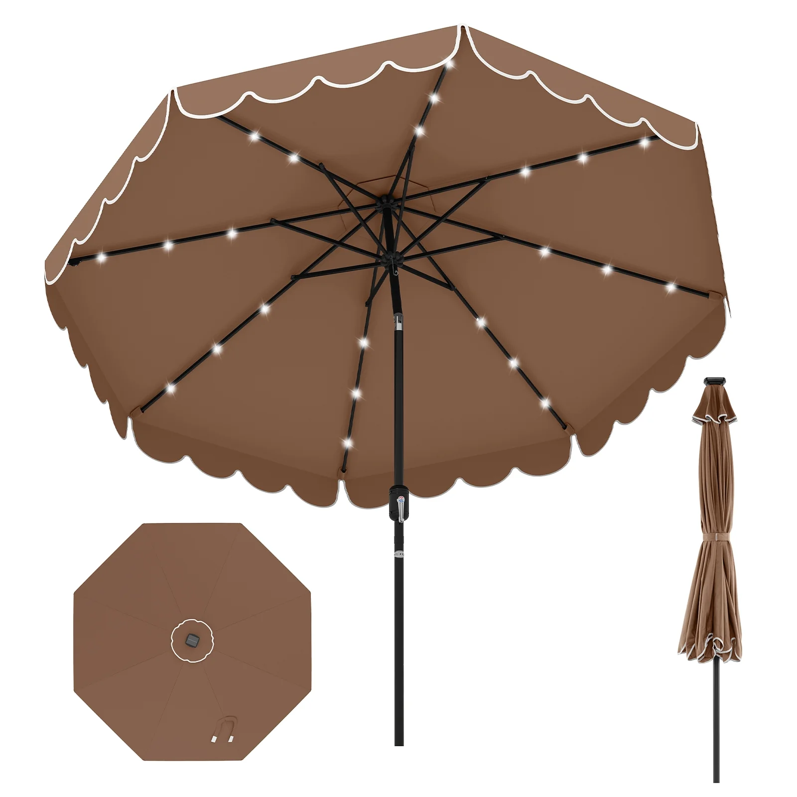 9.3 Feet Solar Patio Umbrella, 24 LED Lights, Vented Top, Coffee - Image 5
