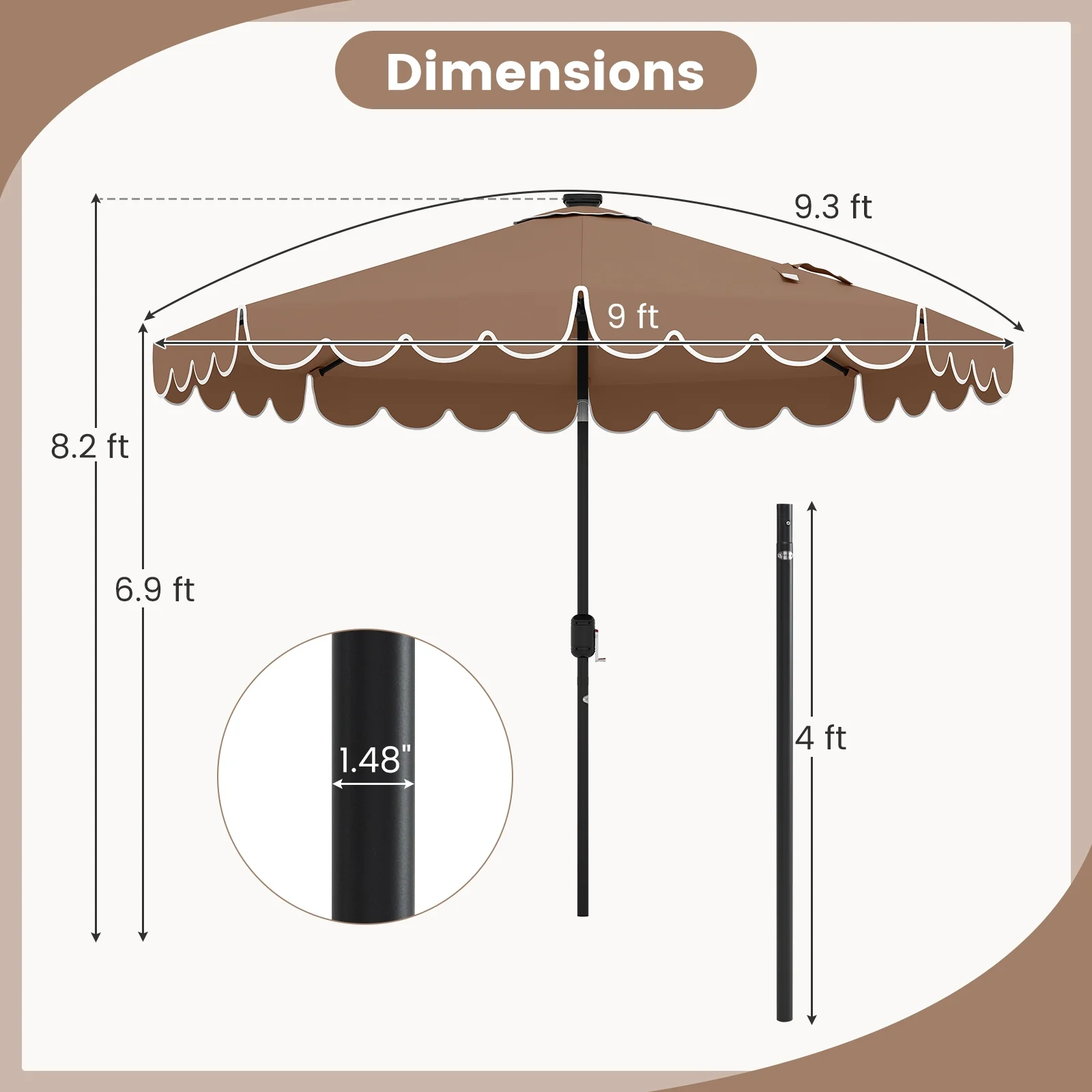 9.3 Feet Solar Patio Umbrella, 24 LED Lights, Vented Top, Coffee - Image 6