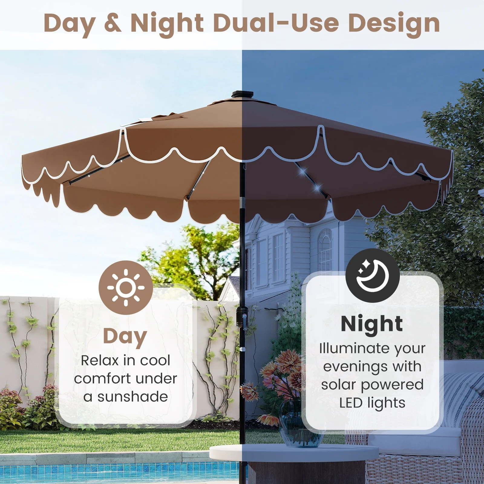 9.3 Feet Solar Patio Umbrella, 24 LED Lights, Vented Top, Coffee - Image 7