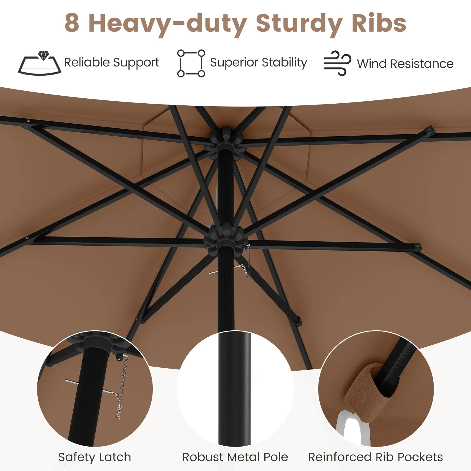 9.3 Feet Solar Patio Umbrella, 24 LED Lights, Vented Top, Coffee - Image 8