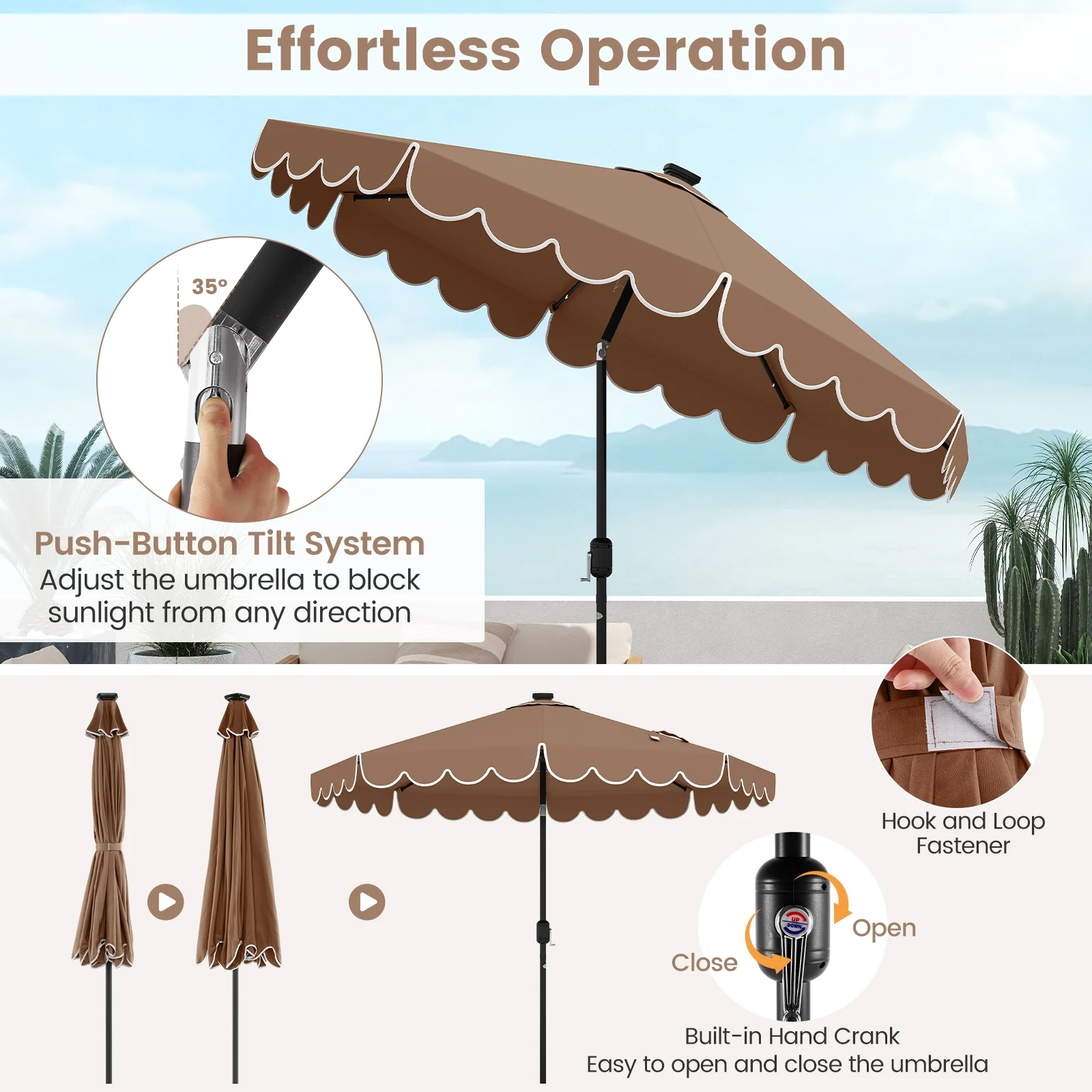 9.3 Feet Solar Patio Umbrella, 24 LED Lights, Vented Top, Coffee - Image 9