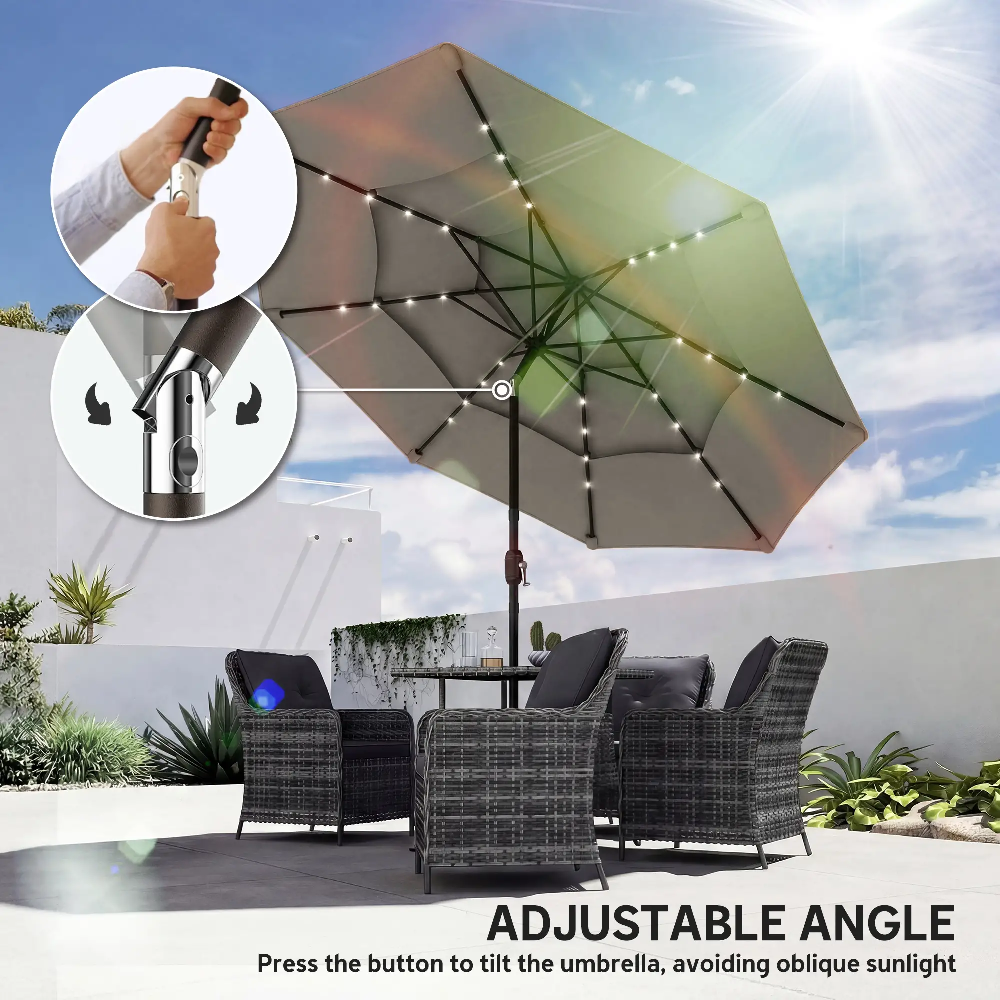 9.3 ft Outdoor Patio Umbrella, Solar LED Lights, Cover, Grey - Image 10