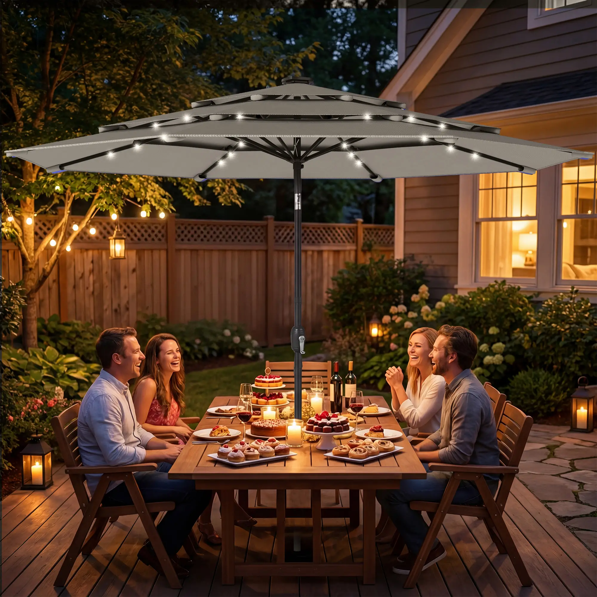9.3 ft Outdoor Patio Umbrella, Solar LED Lights, Cover, Grey - Image 2