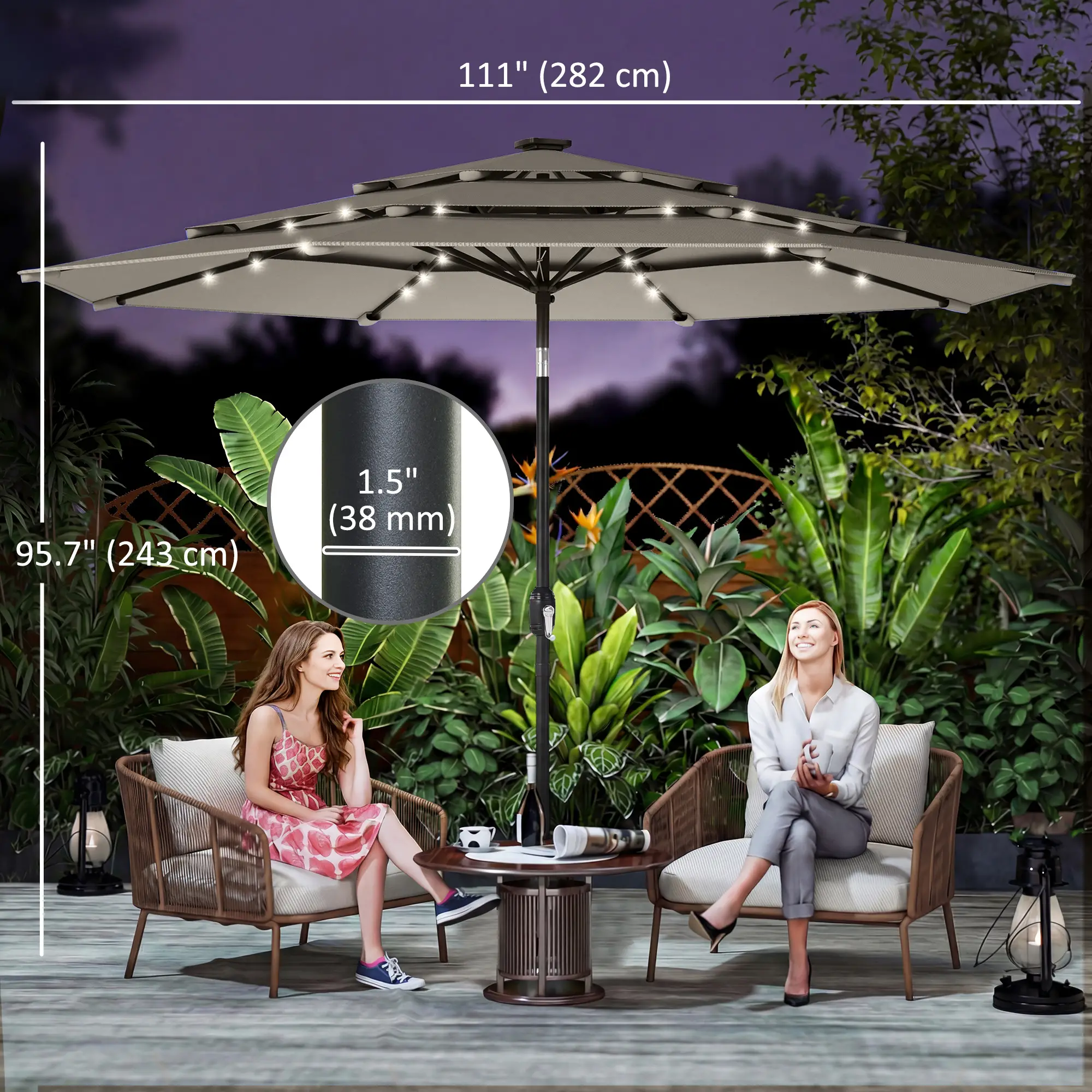 9.3 ft Outdoor Patio Umbrella, Solar LED Lights, Cover, Grey - Image 3