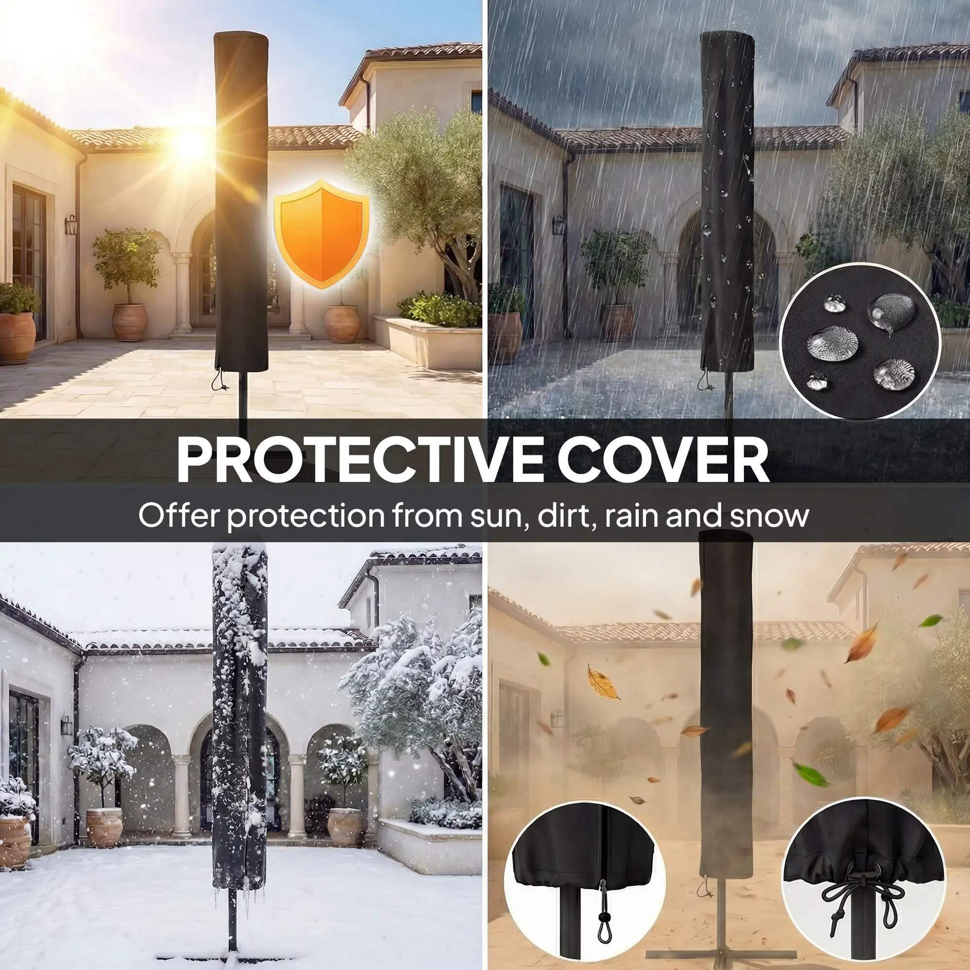 9.3 ft Outdoor Patio Umbrella, Solar LED Lights, Cover, Grey - Image 5