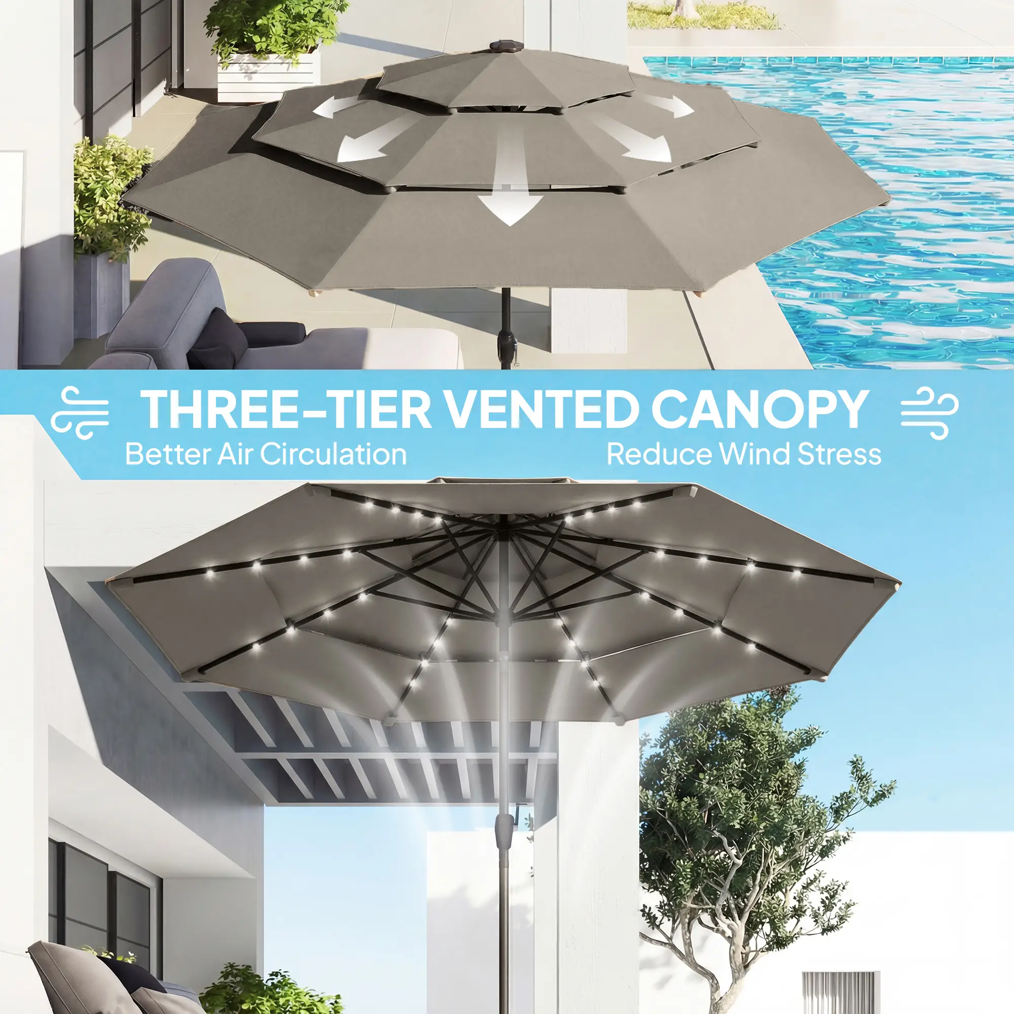 9.3 ft Outdoor Patio Umbrella, Solar LED Lights, Cover, Grey - Image 6