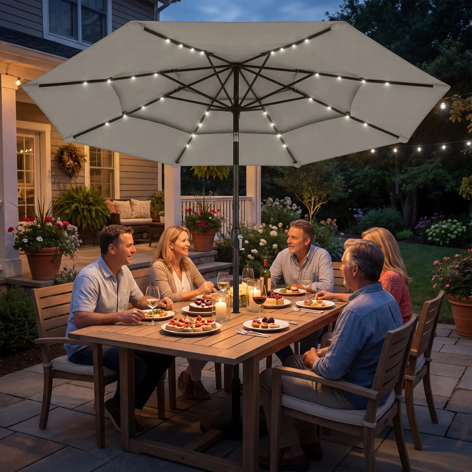 9.3 ft Outdoor Patio Umbrella, Solar LED Lights, Cover, Grey - Image 8