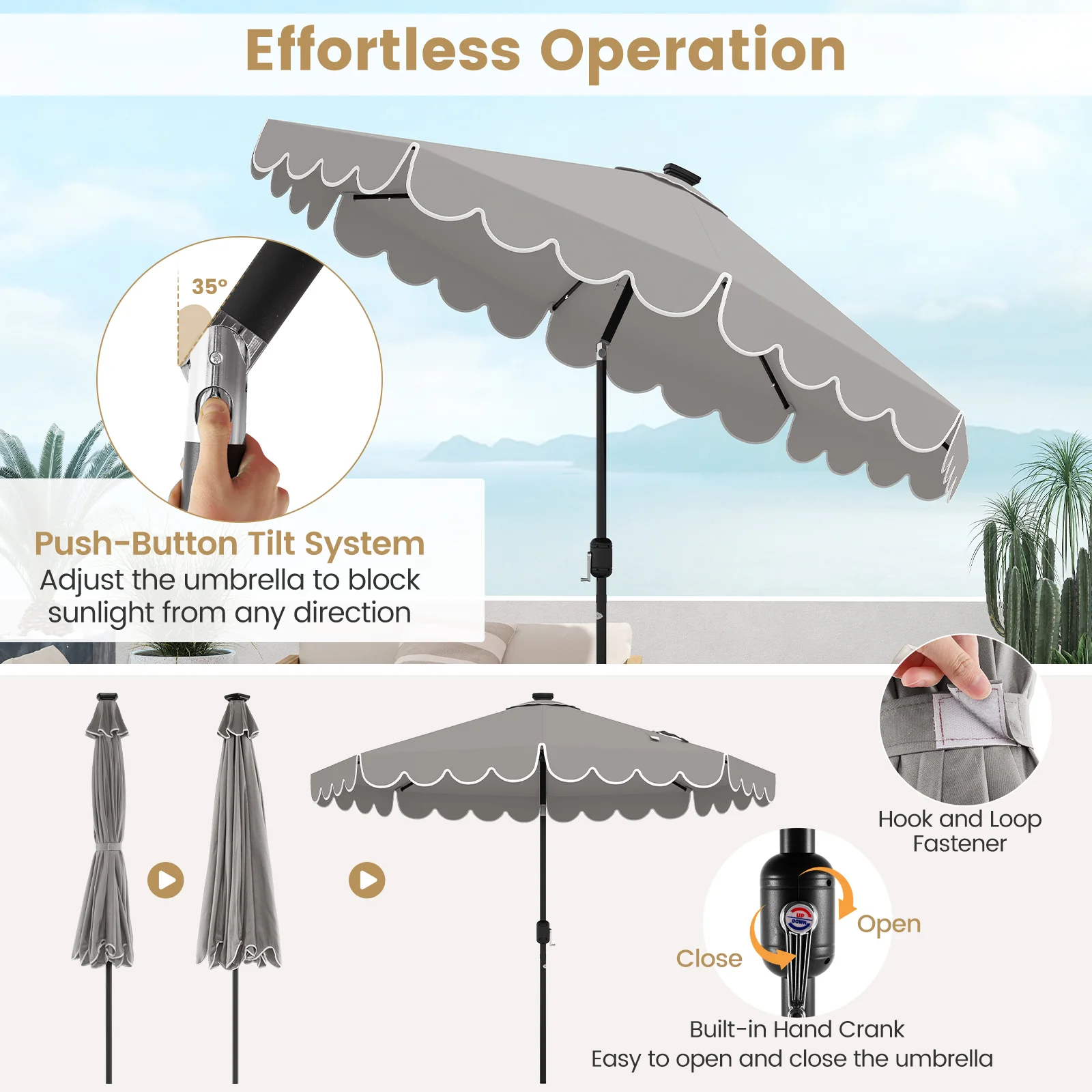 9.3 FT Solar Patio Umbrella, 24 LED Lights, Vented Top, Gray - Image 9
