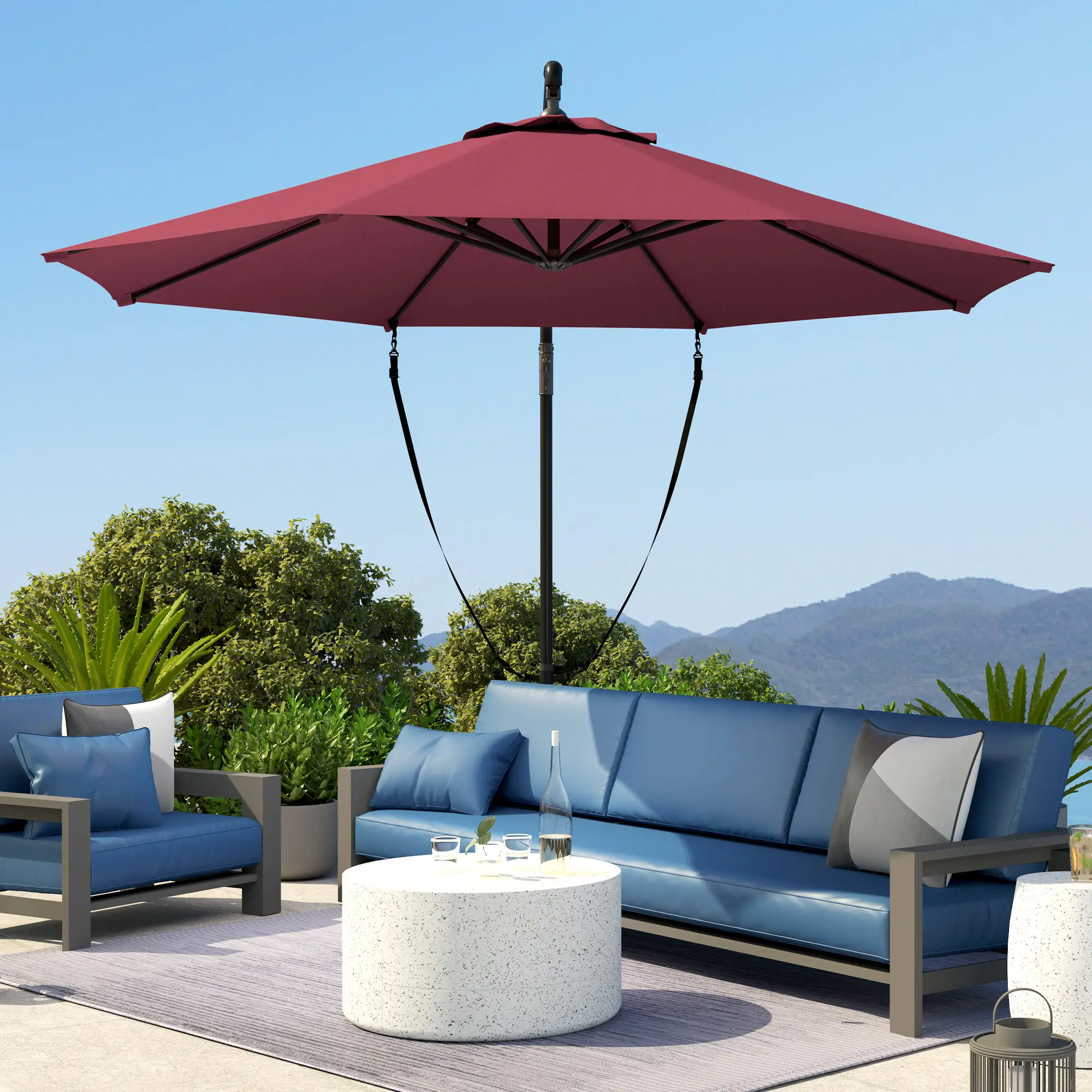 9.5' Cantilever Umbrella, Wind Protection, Crank, Cross Base, UPF 50+, Red - Image 10