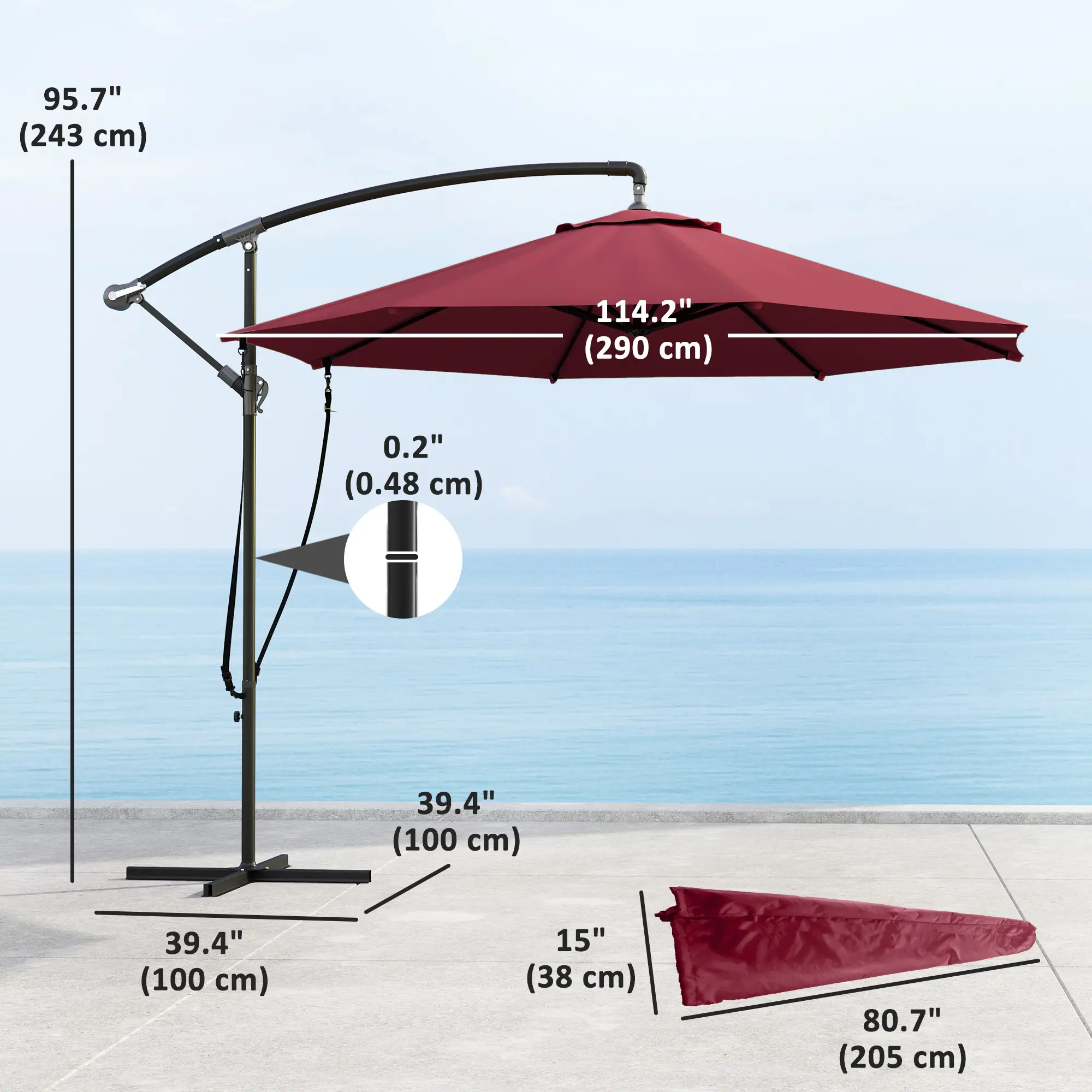 9.5' Cantilever Umbrella, Wind Protection, Crank, Cross Base, UPF 50+, Red - Image 3