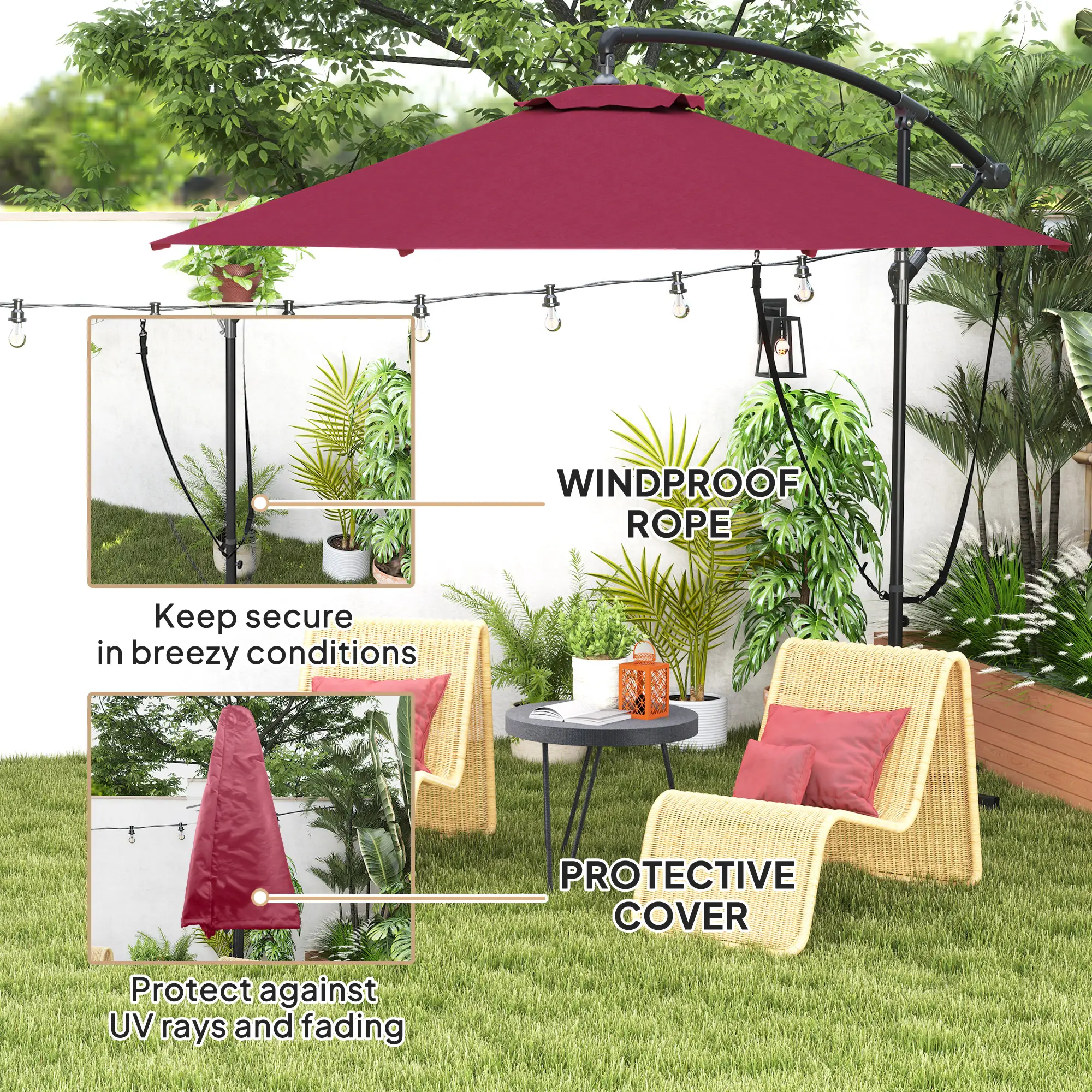 9.5' Cantilever Umbrella, Wind Protection, Crank, Cross Base, UPF 50+, Red - Image 4