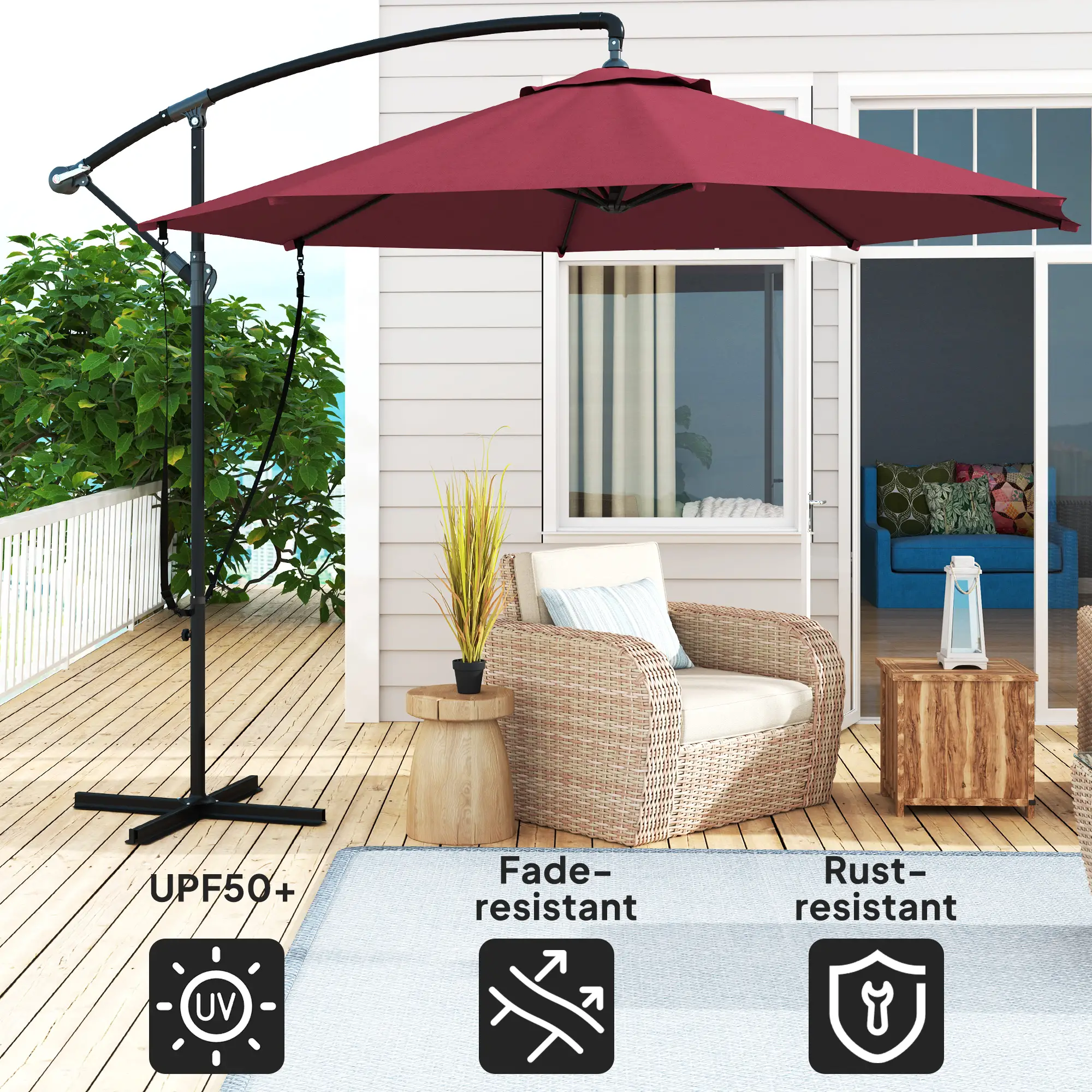 9.5' Cantilever Umbrella, Wind Protection, Crank, Cross Base, UPF 50+, Red - Image 5